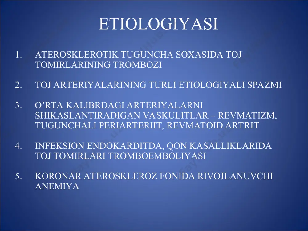 kardit ritm buzilishi dressler sindromi yurak to’xtashi davosi o’tkir og’riq xurujini yo’qotish; kardiogen shokni davolash; yurak maromi buzilishining oldini olish; qon ivishi sistemasini boshqarish; yurak mushaklari metabolizmini yaxshilash; parhez va dori-darmon orqali qonda xolesterin, triglitserid lipoproteidlari miqdorini pasaytirish. og’riqsizlantiruvchilar narkotik va nonarkotik analgetiklar neyroleptanalgeziya toj arteriyalarda qon oqimini tiklash trombolitiklar antikoagulyantlar miokardda nekroz hajmini chegaralash nitroglitserin b-blokatorlar yurak maromi buzilishining oldini olish kardiogen shokni davolash