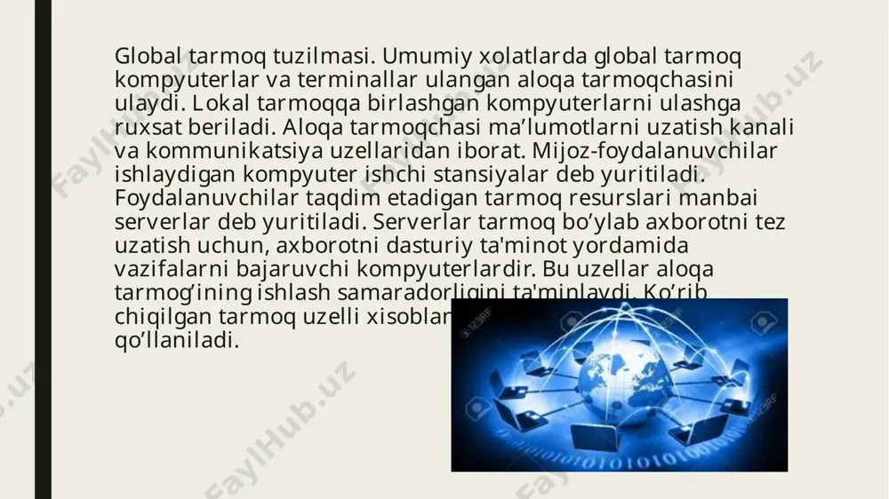 l qilindi. 1982 – arpa net ikkiga bo`lindi. milnet (military net – harbiy tarmoq) va internet (tarmoqlararo tarmoq). 1983 – tcp/ip – transmission control protocol/internet protocol tarmoqlar orasida ma'lumotlarni almashish protokoli intеrnеt uchun asos qilib olindi. 1984 – intеrnеtda domеnlarni nomlash tizimi (domain name system) joriy qilindi. 1986 – tеzligi 56 kbg`s bo`lgan birinchi intеrnеt magistrali ishga tushdi. e’tiboringiz uchun rahmat image1.png image2.png image3.png image4.png image5.png image6.png image7.png image8.png image9.png /docprops/thumbnail.jpeg