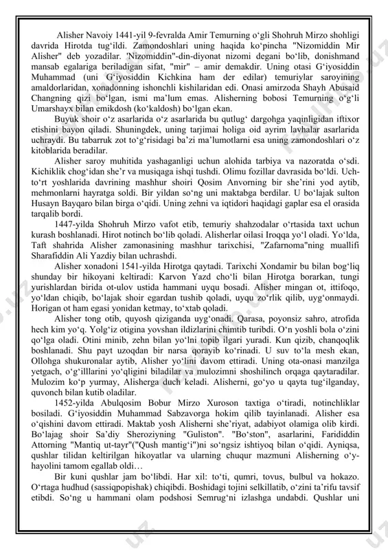 . qushlar uni surishtira boshlabdilar. "zotini, sifatini, sifatini ayt, bizga nishon ber!" – deyishibdi ular. hudhud hikoya boshlabdi: smurg‘ bir kecha dunyoni aylanib, uchib yurar edi. nogoh yo‘li chin shahri ustidan tushdi. bir silkingan edi, mamlakat nurga g‘arq bo‘ldi. patidan biri tushib qolgan ekan. ogoh bo‘lganlar aqlu shuurini yo‘qotdilar. chin mulki esa hashamat(ulug‘vorlikka) chulg‘andi. qushlar zavqu shavq bilan yo‘lga tushadilar. buroq bu zavq-shavq uzoq davom etmaydi. qushlar e’tiroz bildirib, uzr aytib, o‘zlarini chetga ola boshlaydi. hudhud har biriga javob aytadi. semrug‘ga yetishish baxti oldida bu dunyoning tashvishlari hechligini isbot etuvchi biror hikoya keltiradi. hudhudning gaplari, hikoyalari qushlarga yangi bir kuch bag‘ishlaydi. ular hudhudni boshliq qilib, yo‘lga tushadilar. hudhud buy o‘lning ishq yo‘li ekanligi, unga kirgan odam shayx san’on singari o‘zligidan kechishi lozimligini aytadi. yana bir-biridan jozibali hikoyalar… nihoyat, qushlar yeti vodiyni bosib o‘tadilar va o‘zlarining semurg‘ ekanligini anglab yetadilar. "mantiq ut-tayr" xayoli alisherga bir umr hamroh bo‘ldi. umrining so‘ngida esa …