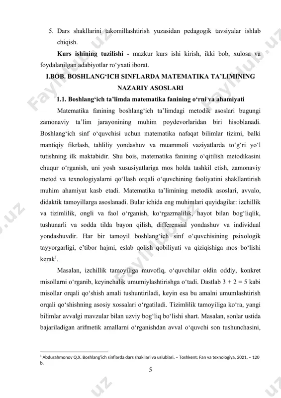 fda ayniqsa muhim bo‘lib, bu bosqichda o‘quvchilar abstrakt tushunchalarni vizual obrazlar orqali o‘zlashtirishadi. misol uchun, qo‘shish amali tushuntirilayotganda real buyumlar (olma, qalam, koptok) yoki rasmlar yordamida izohlash orqali o‘quvchining qiziqishi va tushunish darajasi oshiriladi. agar o‘qituvchi "3 olma + 2 olma nechta bo‘ladi?" deb so‘rasa va uni stolda ko‘rsatib bersa, o‘quvchi sonlar o‘rtasidagi bog‘liqlikni tezroq anglaydi. hayot bilan bog‘liqlik tamoyili matematika fanini amaliyotga yaqinlashtiradi. bu orqali o‘quvchi matematik bilimlar kundalik hayotda nima uchun kerakligini tushunadi. misol uchun, do‘konda 2 000 so‘mlik non va 1 500 so‘mlik sut olish uchun qancha pul kerakligi haqidagi topshiriq bola uchun real va qiziqarli bo‘lib tuyuladi. bu esa uning bilimga bo‘lgan qiziqishini oshiradi. shu bilan birga, darslarda hayotiy muammolarni hal qilishga oid masalalardan foydalanish, o‘quvchining mustaqil fikrlashini rag‘batlantiradi. matematika fanining metodik asoslaridan biri bu differensial yondashuv bo‘lib, har bir o‘quvchining bilim darajasi, qobiliyati va tez o‘zlashtirishiga qarab topshiriqlar berishni nazarda tutadi. ayni shu yondashuv o‘quvchilarni …