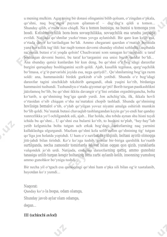 n ikki o‘g‘il, ikki qiz, farzandlardan esa o‘n bitta nevara tug‘ildi. yigit va qizning xayrixoh otayu onalari allaqachon boqiy olamga rixlat qilishgan, o‘zlarining ham endi sharti ketib parti qolgan. inchunin, dalahovlidan shaharga bormay qo‘yishganiga ko‘p bo‘lgan. boshqacha aytganda, shu yerga mehr qo‘yib, shu yerda umr mazmunini topdilar, desa ham bo‘laveradi. nihoyat, qazo vaqti yetib, jonlarini yaratgan egamizga topshirishganda, vasiyatlariga ko‘ra so‘nggi manzilga shu yerdan ko‘tarishdi, yonma-yon qabrga qo‘yishdi ham... ammo na’matak hali-hamon gurkirab o‘sar edi. cholu kampir uni to hayot shamlari o‘chguncha astoydil parvarish qilishgan: qari novdalari poyidan endi unib chiqqan yosh nihollariga alohida e’tibor berib butashgan, misoli inson bolasiga qaragandek, atrofida parvona bo‘lib, mehr ko‘rsatishgan, kamolga yetkazishgandi. mana, o‘sha e’tiborning hosilasi – na’matak hozir ham ikkala hovlining o‘rtasida bahaybat qaddini ko‘tarishga chog‘lanib turibdi. xuddi bir paytlardagidek, xuddi vaqt o‘tmagandek, xuddi hali zamon ikki qo‘shni – o‘sha yigitu o‘sha qiz chopib kelib, na’matak gulini hidlab qolishadigandek, o‘tgan yildan qolgan mevalarini …