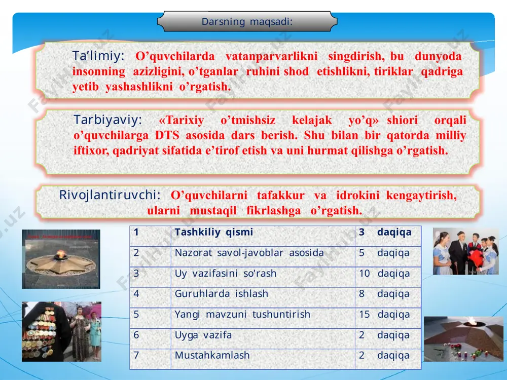 iyat kasb etadi . xulosa qilib aytsak, xalqimiz boshiga tushgan bu fojianing dahshati yanada yaqqol namoyon bo’ladi. ya’ni tarixiy xotira tuyg’usi to’laqonli ravishda tiklangan, xalq bosib o’tgan yo’l o’zining barcha muvaffaqiyat va zafarlari, yo’qotish va qurbonlari, quvonch va iztiroblari bilan xolis va haqqoniy o’rganilgan taqdirdagina chinakam tarix bo’ladi shu davrda qancha qancha o’z oilasidan judo bo’lgani ayollar bevalikka go’daklar yetimlikka mahkum etilganini, minglab mirishkor dehqonlar olis o’lkalarga surgun qilingan insoniy qadr-qimmati toptalgan, hayoti poymol etilgan bu odamlar orasida nafaqat arbob va ziyolilar, balki yuzlab oddiy insonlar, yurtimizda istiqomat qilgan deyarli barcha millat va ellatlarning vakillari bor edi. ma’lumki, 1937-1953-yillarda sobiq sssr da mudhish ommaviy siyosiy qatag’onlar amalga oshirilgan edi. o’zbekiston bo’yicha qariyib 100 ming kishi qatagonga uchrab, 13 ming nafari otib tashlanganini eslash kifoya 9-may xotira va qadrlash kuni el yurtimiz taqdiriga daxldor bo’lgan tarixiy adolatni tiklash, xalqimiz va millatimizning yaqin o’tmishidagi yopiq sahifalarini to’la ochib berish, shu tarixdan saboq …