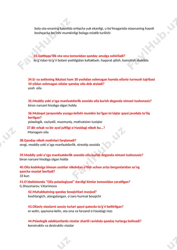 sining “oila kodeksi” qachon tasdiqlangan? 1998 yil 30 aprel 47.“tabu” – deb nimaga aytiladi? qattiq ta’qiq 48.oilaning rekreativ funksiyasi nima. jismoniy, moddiy va ma’naviy,psixologik yordam berish 49.birga yashovchi lekin nikoxi rasmiylashtirilmagan, oila qanday oila xisoblanadi.? sinovdagi oila 50.zamonaviy oila turlarini aniqlang. barcha javob to’g’ri 51.konstruktiv nizo nima biriktiruvchi, 52.muhit insonga o’zining ta’sir kuchini qachondan boshlaydi? individ tug’ilmasidan oldin 53.nikohga etuklik xususiyatlarini ko’rsating. barcha javob to’g’ri 54.nikoh yoshi to’g’ri berilgan javobni ko’rsating? erkaklar uchun 18 yosh, ayollar uchun 17 yosh 55.nuklear oila –bu? ota-ona va bolalardan iborat 56.oila funksiyalarini ko’rsating barcha javob to’g’ri 57.oilaviy nizolar necha xil bo’ladi? 2 xil 58.oilaviy muloqot jarayonida qanday to’siqlar bor psixologik, vaziyatli, motivasion, mazmuniy 59.oilaviy nizolarning turlarini ko’rsating barcha javob to’g’ri 60.oilada bir-birini tushunmaslik qanday to’siqning vujudga kelishiga sabab bo’ladi psixologik 61.oilada er yoki xotin boshqaruvchi bo’lsa, qanday oila turkumiga kiradi? yetakchiligiga ko’ra 62.oilaning reproduktiv funksiyasi….. biologik uzluksizlikni ta’minlash 63.oila yoshiga ko’ra qanday turlarga bo’linadi? …