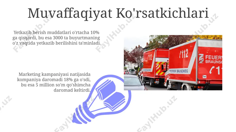alarining zichligini ta’minlaydi. umumiy ma'lumotlar 01 02 kompaniyaning o'rtacha yetkazib berish muddati 2-3 kunni tashkil etadi, bu esa 95% mijozlarning qoniqishini ta'minlaydi. sales 1st qtr 2nd qtr 100 0 sales 1st qtr 2nd qtr 100 0 e'tiboringiz uchun rahmat @taqdimot_robot image4.jpg image5.jpg image6.jpg image7.jpg image8.jpg image9.jpg image10.jpg image11.jpg image12.jpg image13.jpg image14.jpg image15.jpg image1.jpeg image2.jpeg image3.jpeg