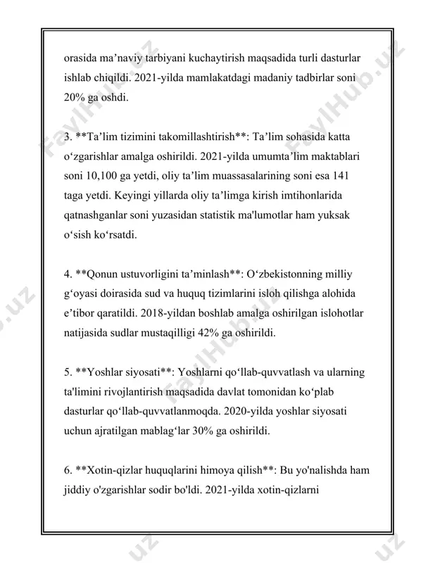 loyihalari orqali dunyoga tanitish jarayonlari ham diqqati tortadi. 6. **tarixiy va adabiy merosni oʻrganish**: oʻzbek adabiyoti va tarixiga oid asarlarni tadqiq qilish hamda nashr etish ishlari amalga oshirilmoqda. jumladan, alisher navoiy, amir temur kabi buyuk shaxslar merosi muntazam oʻrganilib va keng jamoatchilikka yetkazib beriladi. 7. **raqamli texnologiyalar orqali madaniy merosni saqlash va targʻib qilish**: soʻnggi yillarda raqamli texnologiyalar yordamida milliy merosning virtual muzeylari yaratilmoqda. bu global miqyosda oʻzbekiston madaniyatini koʻrsatish va kelajak avlodlar uchun saqlash imkonini beradi. 8. **qishloq xoʻjaligi va anʼanaviy turmush tarzi**: anʼanaviy dehqonchilik usullari, xalq ovqatlari va oshpazlik sanʼati ham oʻziga xos madaniy meros hisoblanadi. ushbu sohalarda ham o‘ziga xos kelajak rejalari va dasturlar ishlab chiqilgan. milliy oshxona festivallari va oʻnlab yangi anʼanaviy oilaviy tadbirlar kelajak avlodlarga milli oʻzlikni namoyon qilish imkonini beradi. ushbu yo‘nalishlardan ko‘rinib turibdiki, oʻzbekistonda milliy anʼanalarni qayta tiklash va rivojlantirishga oid keng koʻlamli ishlar rejalashtirilgan va amalga oshirilmoqda. bu yoʻnalishdagi ishlar mamlakatning madaniy …