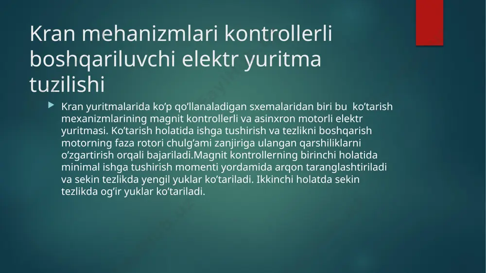 i: -fazani boshqarish relesi; kranning harakatlanishi uchun yorug'lik va ovozli signal; yuk cheklovchi; -zanjirdagi asosiy kontaktor; -kranga tok etkazib berish - yopiq aravachalar; -boshqaruv pandanti; -radio boshqaruv tizimi. xulosa yangi kranni o'rnatish va ularni ishlatish joyida joriy ta'minot kzpto montajchilar jamoasi tomonidan eng qisqa vaqt ichida amalga oshirildi. ishga tushirish ishlari,shuningdek,statik va dinamik sinovlar muvaffaqiyatli yakunlanganidan so‘ng kranning to'g'ri ishlashi uchun xodimlari o‘quv mashg‘ulotlari o‘tkaziladi. foydalanilgan adabiyotlar . "справочник по электроснабжению промышленных предприятий" а.а. фёдорова и г.в. сербиновского м. энергия, 1980 yil. 2. g'oyipov t.sh. "elektr tarmoqlari va jihozlarini yig'ish va sozlash". voris- nashriyot, 2012-yil. 3. imomnazarov a.t. "elektr tarmoqlarini ta'mirlash texnologiyasi". 2010-yil. 4. majidov s. "elektr mashinalari va elektr yuritma". o'qituvchi, 2002-yil. 5. imomnazarov a. "sanoat korxonalarida elektr jihozlariga texnik xizmat ko'rsatish va ta'mirlash". «turon-iqbol»> 2006-yil. 6. qodirov t.m. "sanoat korxonalari va fuqaro binolarining elektr ta'minoti".- toshkent. cho'lpon nomidagi nashriyot-matbaa uyushmasi, 2007-yil. image6.png image7.jpg image8.jpg image9.jpg image2.png image3.png image4.png …