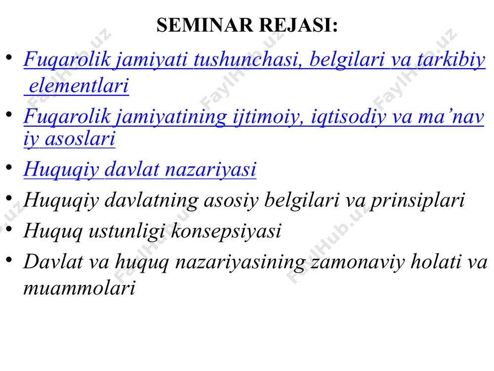 o’zi boshqarish organlari tizimining mavjudligi jamiyatning yuksak ma’naviy-madaniy va axloqiy rivojlanganligi, insonlar o’rtasidagi munosabatlar o’zaro hurmat doirasida, shaxs qadrini e’zozlash asosiga qurilganligi fuqarolik jamiyati tushunchasi, belgilari va tarkibiy elementlari fuqarolik jamiyati institutlarini tasniflash mezonlari: iqtisodiy sohadagi manfaatlarni qanoatlantiruvchi tuzilmalar ijtimoiy sohadagi manfaatlarni ifodalovchi tuzilmalar siyosiy sohadagi manfaatlarni aks ettiruvchi institutlar va tuzilmalar fuqarolik jamiyati tushunchasi, belgilari va tarkibiy elementlari iqtisodiy sohadagi manfaatlarni qanoatlantiruvchi tuzilmalar: xususiy mulk asosida vujudga keladigan va faoliyat yuritadigan nodavlat tashkilotlari; tadbirkorlar uyushmalar (palatasi) va h.k. siyosiy sohadagi manfaatlarni aks ettiruvchi institutlar va tuzilmalar: siyosiy partiyalar, ijtimoiy-siyosiy harakatlar, inson huquqlarini himoya qiluvchi institutlar va h.k. fuqarolik jamiyati tushunchasi, belgilari va tarkibiy elementlari ijtimoiy sohadagi manfaatlarni ifodalovchi tuzilmalar: oila hamda uning manfaatlarini aks ettiruvchi maxsus tashkilotlar ta’lim-tarbiya muassasalari fuqarolarning o’zini o’zi boshqarish organlari mustaqil ommaviy axborot vositalari diniy tashkilotlar milliy-madaniy markazlar ixtiyoriy ko’ngilli jamiyatlar jamoatchilik fikrini aniqlash va o’rganish institutlari turli ijtimoiy ixtiloflarni adolatli hal etuvchi tuzilmalar fuqarolik …