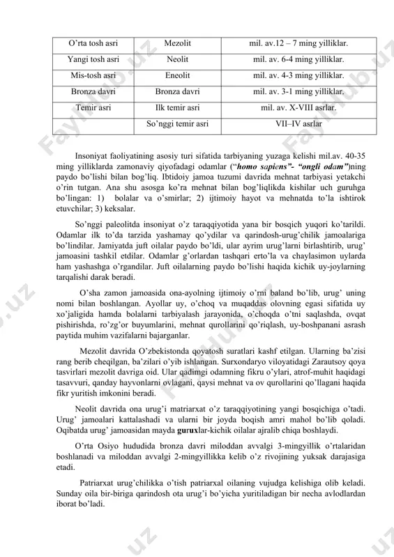 i davrga bo’linadi: 1) ibtidoiy to’da; 2) o’rug’chilik jamoasi. qadimgi tosh asri peleolit: ilk o’rta so’nggi mil. av. 700/500-100 ming yilliklar. mil. av. 100-40 ming yilliklar. mil. av. 40-12 ming yilliklar. o’rta tosh asri mezolit mil. av.12 – 7 ming yilliklar. yangi tosh asri neolit mil. av. 6-4 ming yilliklar. mis-tosh asri eneolit mil. av. 4-3 ming yilliklar. bronza davri bronza davri mil. av. 3-1 ming yilliklar. temir asri ilk temir asri mil. av. x-viii asrlar. so’nggi temir asri vii–iv asrlar insoniyat faoliyatining asosiy turi sifatida tarbiyaning yuzaga kelishi mil.av. 40-35 ming yilliklarda zamonaviy qiyofadagi odamlar (“homo sa​piens”- “ongli odam”)ning paydo bo’lishi bilan bog’liq. ibtidoiy jamoa tuzumi davrida mehnat tarbiyasi yetakchi o’rin tutgan. ana shu asosga ko’ra mehnat bilan bog’liqlikda kishilar uch guruhga bo’lingan: 1) bolalar va o’smirlar; 2) ijtimoiy hayot va mehnatda to’la ishtirok etuvchilar; 3) keksalar. so’nggi paleolitda insoniyat o’z taraqqiyotida yana bir bosqich yuqori ko’tarildi. odamlar ilk …