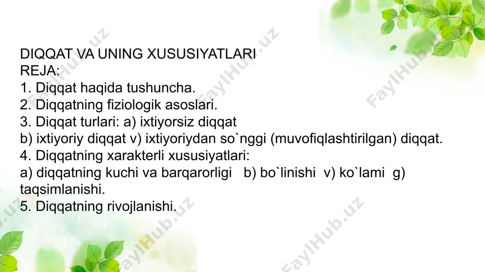 qqati ongli ravishda qo`zg`algan, shu maqsadga bo`ysundirilgan bo`ladi. o`quvchining biron boshqa narsaga chalg`imasdan o`quv materialining mazmuniga zehn qo`yib o`tirishida uning psixik faoliyatining yo`nalishi ifodalanadi. psixik faoliyatning yo`naltirilishi deganda ana shu faoliyatning tanlashgina tushunilib kelmay, balki ana shu tanlanganni saqlab va qo`llab-quvvatlash tushuniladi. o`quvchilar diqqatini jalb qilish qiyinligini har qanday pedagog biladi. buning uchun maxsus pedagogik usullardan foydalanish zarur bo`ladi. diqqatda psixik faoliyatning yo`naltirilishi bilan birga uning to`planishi mazkur faoliyatga hech qanday aloqasi bo`lmagan boshqa narsalardek, hamma faoliyatdan diqqatni chalg`itish demakdir. diqqatning bir joyga to`planishi deganda mazkur faoliyatga butunlay berilish, unga ozmi - ko`pmi chuqur e`tibor berish tushuniladi. qandaydir bir suratli kitobni tez ko`rib chiqish maqsadida uni varaqlab chiqish mumkin. bunday holda diqqatning to`planishi kuchli bo`lmaydi. birorta qiyinroq kitobni undagi har bir bayon qilingan fikrni tushunib olishga intilib va undagi murakkab masalani boshidan oxirigacha tushunib olish har tomonlama o`zaro munosabatlarni qarab chiqish maqsadida uqish mumkin. bu holatdagi diqqatning to`planishi juda kuchli …