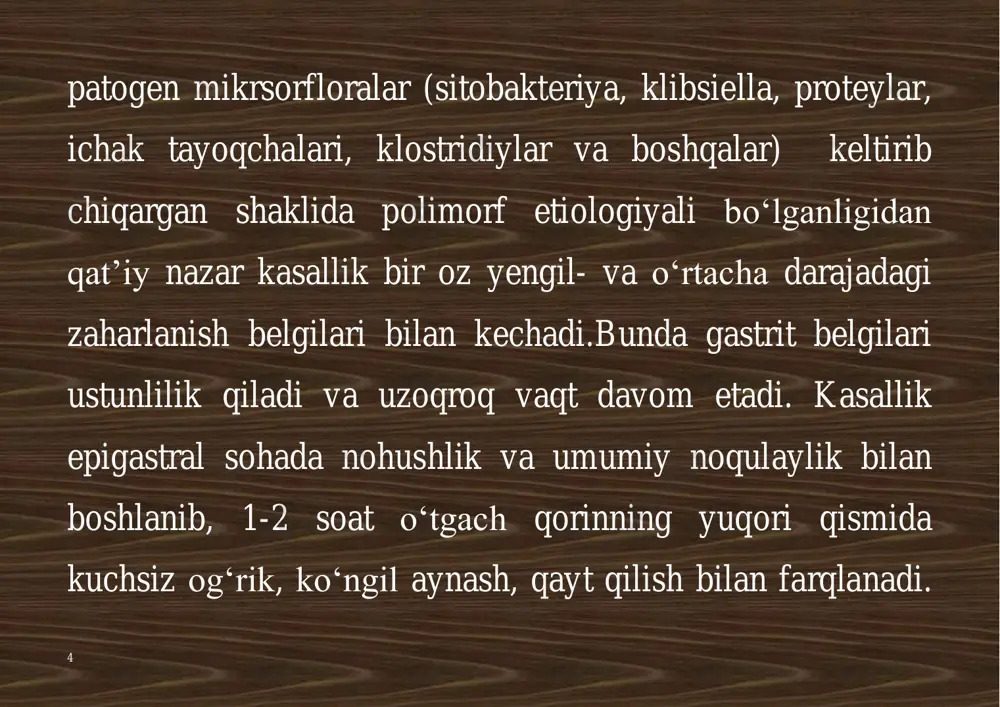 tushib qolsagina, botulotoksin dosil bo‘ladi. bunday sharoit asosan konserva tayyorlaganda, balikni tuzlab yoki dudlab saqlatanda mavjud bo‘ladi. odam botulotoksin tutgan maxsulotni istemol qilish natijasida kasallanadi. katta yaralar spora tuttan tuproq bilan ifloslanganida yara botulizmi kelib chiqadi. u g‘oyat og‘ir o‘tadi va ko‘pincha o‘lim bplan tugaydi. 15 botulotoksin juda kuchli zahar bo‘lgani uchun ilgari bakteriologik qurol sifatida ham tayyorlanar edi. quritilgan toksinni sochilsa, botulotoksin odam organizmiga azrogen yo‘l ~ nafas yullari orqali xam tushishi mumkin. patogenezi. botulizm kasalligi kelib chiqishida 3 ta omil axamiyatga ega: toksin, mikrob va organizmning toksin ta’siriga sezgirligi. eng asosiy ta’sir ko‘rsatuvchi omil toksin hisoblanadi. toksin odam organizmiga og‘iz va nafas yo‘llari orqali tushadi. toksin asosan meda ichakniig 16 boshlang‘ich qismlarida so‘riladi. zaxar dastlab ovqat xazm qilish yo‘llarining nerv-tomir tizilmasiga ta’sir etadi va me’da-ichaklarda parez ro‘y beradi (peristaltika yo‘qoladi). so‘ngra zahar qonga so‘riladi va unda 68 soatgacha saqlanib, barcha organizmni jaroxatlaydi. ayniqsa, bosh mnyaning asos qismi kuchli …