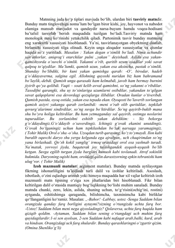 nli va qiziqarli tushuntiriladi, ilmiy terminlar kam qo‘llaniladi, umuman tanish bo‘lmagan termin va mavhum formulalar o‘rniga aniq tasviriy materiallarga kengroq o‘rin beriladi. lekin ilmiy uslub bilan uning ilmiy-ommabop ko‘rinishi o‘rtasidagi bir xildagi tafovutlar ilmiy uslub tushunchasining bir butunligiga, yaxlitligiga putur etkazmaydi. monologik xarakterda o‘zbek ilmiy terminologiyasida oq tuproq, sariq tuproq kabi obrazli terminlar ko‘rinishidan obrazli tuyulsa ham, lekin ilmiy uslubda narsa va xodisalarni faqat nomlash uchun xizmat qiladi. badiiy adabiyotda esa obrazli tafakkur ifodasi uchun xizmat qilib, kitobxonga estetik ta’sir etish vositasiga aylanadi. masalan, uchur yulduz, quyruqli yulduz kabi astronomik terminlar shular jumlasidandir. ilmiy -ommabop uslubda badiiy nutq unsurlari va usullariga murojaat qilinishi xollari tez-tez uchrab turadi. voqelikka munosabatni munosabatning va buning tadqiqini mantiqan dalillangan, grammatik shakllangan, adabiy me’yor asosida tuzilgan jumlalarda ifodalab berish ilmiy uslubning mohiyatini tashkil etadi. ilmiy uslub doirasi anchagina keng va xilma-xildir. chunonchi, bir qator ijtimoiy fanlarga oid tadqiqotlar ko‘proq ommaviyligi bilan tavsiflansa, aniq fanlarga oid …