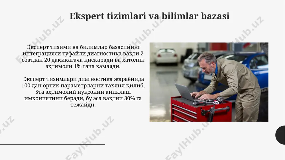 him ma’lumotlarni ta’minlaydi. kompyuter simulyatsiyasi yordamida, turli xil nosozliklarni (masalan, 20% quvvat yo’qotish) modellashtirish va ularning tizimga ta’sirini 0.1 soniyagacha aniqlikda o’rganish mumkin. kompyuter yordamida diagnostika usullarining afzalliklari bu texnologiya 30% gacha vaqtdan tejashga yordam beradi, shuningdek, texnik xarajatlarni kamaytiradi va diagnostika jarayonini avtomatlashtiradi. kompyuter yordamida diagnostika, oddiy usullar bilan solishtirganda, 90% gacha aniqlik bilan 10 soniyadan kam vaqt ichida nosozlikni aniqlash imkonini beradi. nosozliklarni aniqlash va tasniflash algoritmlari машина таълими алгоритмлари, хусусан, svm ва knn, 500 тадан ортиқ маълумотлар тўпламига таълим берилиши орқали, 80% самарадорлик билан носозликларни таснифлай олади. регрессия алгоритмлари, масалан, линей ва полином регрессия, электр-механик тизимлардаги 15 та параметрларнинг ўзгаришини таҳлил қилиб, 70% ишончлилиги билан потенциал носозликларни прогноз қилади. raqamli signalni qayta ishlash usullari wavelet transformasi kabi usullar yordamida, signalni turli chastota diapazonlariga ajratish orqali, 5 darajali dekompozitsiya bilan yuqori chastotali shovqinlarni aniq va samarali ravishda filtrlash mumkin. raqamli signalni qayta ishlashda, masalan, fft (tez furye transformatsiyasi) …