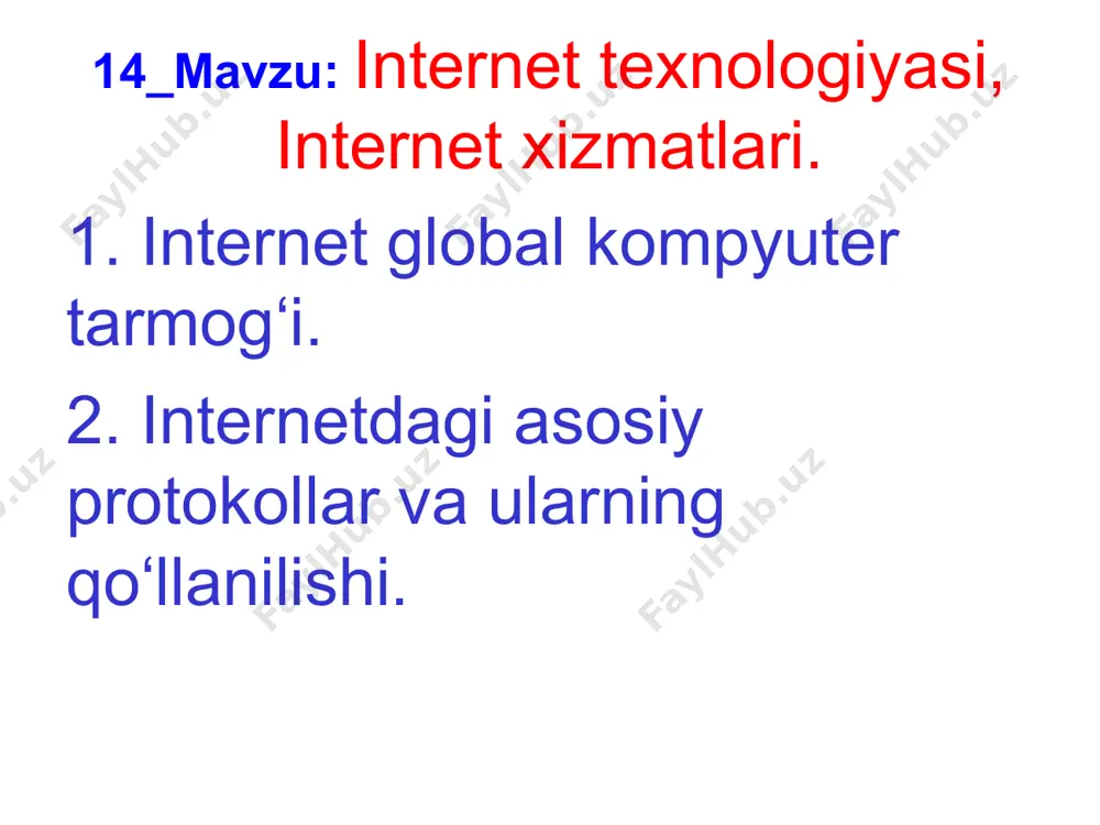 yuboruvchi ma'lumotni qabul qiluvchining pochta qutisiga jo'natadi. real vaqt rejimida ma'lumot almashish. misol uchun tarmoq orqali so'zlashish. bularga chat serverlari xizmatlari kiradi. internet tarmog'iga ulangan har bir kompyuter o'zining noyob ip adresiga ega bo'ladi. ip-adres - nuqtalar bilan ajratilgan to'rtta sondan (oktet) iborat noyob son. har bir son 0-255 oralig'ida bo'lishi lozim. masalan, 212.134.145.156. kompyuterdan osonroq erkin foydalanish uchun odatda uning domen nomidan foydalaniladi. internetga ulangan tarmoqlarni qurishda ip manzillar provayder tomonidan taqdim etilgan oraliqdan tanlab olinadi. provayder tomonidan berilgan ip manzilga ega bo'lmagan kompyuterlar (yo'naltirish to'g'ri sozlanganda) mahalliy tarmoqlar uchun zahiralangan oraliqdagi ip manzillarga ega bo'lib, boshqa mahalliy kompyuterlar bilan ishlashi mumkin: 192.168.0.1 - 192.168.255.255 172.16.0.1 - 172.16.255.255 10.0.0.1 - 10.255.255.255 ushbu kompyuterlar internetga proksi serverlar yordamida ulanishi mumkin. ip – adres n=232=4 294 967 296 ta adreslar a sinf adresi – 0 dan 127 gacha v sinf adresi – 128 dan 191 gacha s sinf adresi – 192 …
