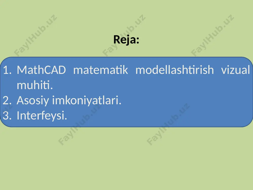 icha: 1. sarlavha satri; 2. menyu satri ; 3. standart, formatlash va boshqarish vositalari; 4. matematik asboblar paneli; 5. ish maydoni; 6. holat qatori ; sarlavh satrida dastur nomi(mathcad), fayl nomi(untitled1) va sistema tugmalari joylashgan bo‘ladi. menyu satri quyidagi bo`limlarni o'z ichiga oladi: fayl - fayllarni yaratish, xotiradan cahaqirish, saqlash, elektron pochta orqali yuborish va printerda hujjatlarni bosib chiqarish kabi buyruqlar; edit - matnni tahrirlash bilan bog'liq buyruqlar (nusxalash, ko`chirish, o'chirish va boshqalar); view - hujjat ko'rinishini boshqaruvchi buyruqlar, shuningdek animatsiya fayllarini yaratadigan buyruqlar; insert - hujjatlarga turli xil ob'ektlarni o‘rnatish buyruqlari; format - matn, formulalar va grafikalarni formatlash buyruqlari; tools - hisoblash jarayonini va qo'shimcha funktsiyalarni boshqarish buyruqlari; symbolics - belgili hisoblarni bajarish buyruqlari; window - ekrandagi oynalarning joylashishini boshqarish buyruqlari; help - yordam buyruqlari va ma'lumotlarini o`z ichiga oladi. asboblar paneli ko`p ishlatiladigan buyruqlarni tez bajarish uchun qo`llaniladi. mathcad oynasida menyu satrining pastki qismida to'rtta asosiy asboblar paneli …
