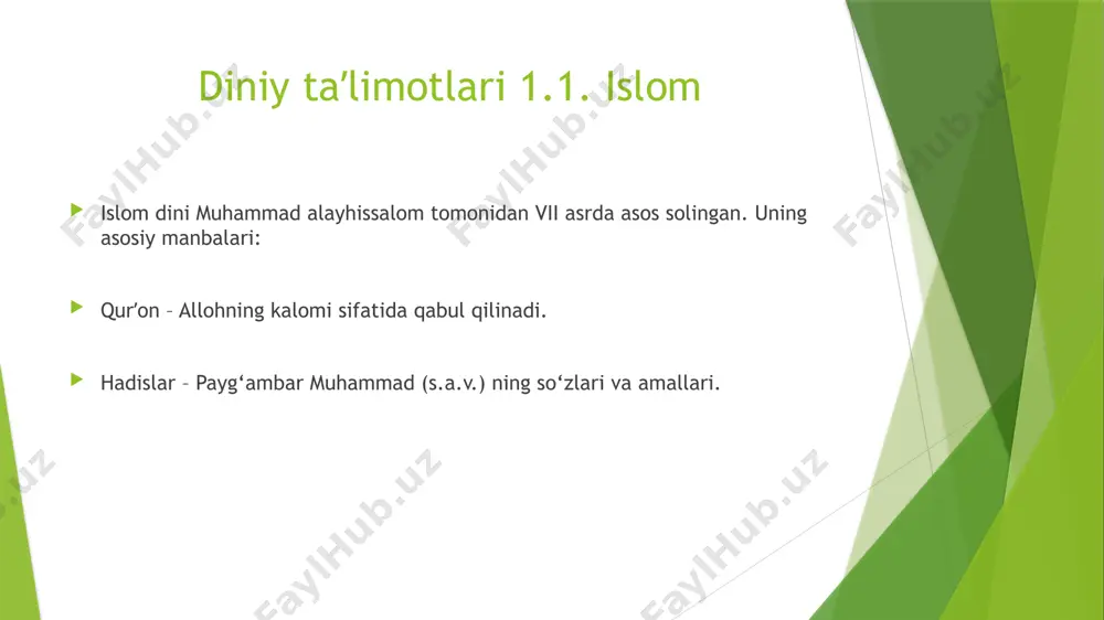 tavrot (yahudiy muqaddas kitobi). talmud (tavrotga sharh beruvchi kitob). asosiy yo‘nalishlari: 1. ortodoks yahudiylar – qattiq diniy qonunlarga amal qiladilar. 2. konservativ yahudiylar – zamonaviy dunyoga moslashgan. 3. reformist yahudiylar – diniy qonunlarni erkinroq talqin qiladi. yahudiy sektalari: hasidizm – mistika va maʼnaviy tajribaga urg‘u beruvchi yo‘nalish. karaizm – yahudiy diniy qonunlarini anʼanaviy talqindan farqli tushunish. 1.4. buddizm buddizm miloddan avvalgi vi asrda siddxarta gautama (buddha) tomonidan asos solingan. asosiy yo‘nalishlari: 1. teravada – buddizmning eng qadimgi shakli, janubiy osiyoda tarqalgan. 2. mahoyana – budda va bodxisattvalarga sig‘inishni o‘z ichiga oladi 3. vajrayana – tibet buddizmi, mistik va sehrli marosimlarga urg‘u beradi. buddizm sekta va oqimlari: zen buddizm – meditatsiya va maʼnaviy uyg‘onishga asoslangan. tibet buddizmi – dalay lama yetakchiligidagi buddizm yo‘nalishi. 1.5. hinduiylik hinduiylik eng qadimiy dinlardan biri bo‘lib, asosiy manbalari vedalar hisoblanadi. asosiy yo‘nalishlari: 1. shaivizm – shivaga sig‘inish. 2. vaishnavizm – vishnuga sig‘inish. 3. shaktizm – ona …