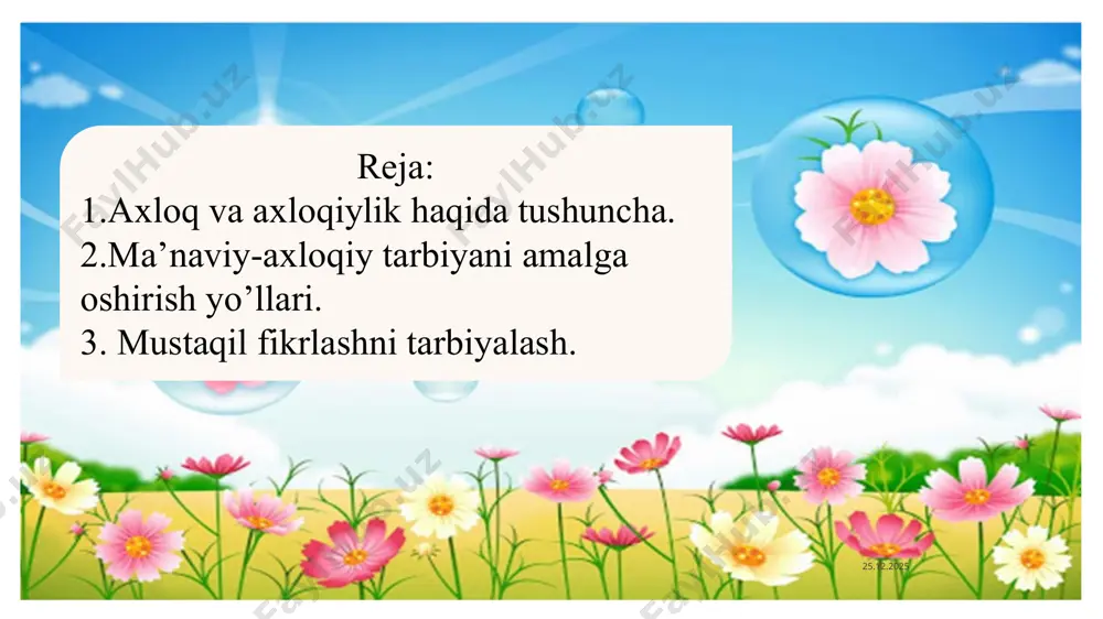 rbiyalanuvchilarda ma’naviy-axloqiy bilimlarni egallashga bo‘lgan ehtiyojni yuzaga keltirish, ma’naviy-axloqiy ongni qaror toptirish. 3.tarbiyalanuvchilarda ijobiy mazmundagi ma’naviy-axloqiy sifatlar (bilimlilik, mehnatsevarlik, kamtarlik, mehr-muhabbat, vatanga, xalqqa muhabbat, ota-ona va kattalarga hurmat, insonparvarlik, saxovat, burchga sadoqat va hokazo)larni qaror toptirish. 4.tarbiyalanuvchilarda ma’naviy-axloqiy mazmundagi xulq-atvor, xarakter va irodani shakllantirish. 5.tarbiyalanuvchilar ma’naviy-axloqiy madaniyatini shakllantirish. 15.11.2020 «madaniyat» - arabcha so‘z bo‘lib, u jamiyatning ishlab chiqarish, ijtimoiy hayotda va ma’naviyatda qoiga kiritilgan yutuqlari majmuyidir.demak, madaniyat - inson faoliyati mahsuli natijasi sifatida, insonlarning moddiy va ma’naviy faoliyatlari jarayonida vujudga keladi. moddiy va ma’naviy madaniyatning o‘zaro aloqasi va o‘zaro ta’siri natijasida aqlan yetuk, axloqan yaxlit shakllangan shaxs tarkib topadi. ma’naviy-axloqiy ongni shakllantirish metodlari. 15.11.2020 1. ma’naviy-axloqiy mavzudagi hikoya 2.tushuntirish metodi 3. izohlash 4. nasihat 5.ishontirish ma’naviy-axloqiy xulq-atvorni shaklantirish metodlari. 15.11.2020 mashq muammoli vaziyat o‘rgatish talab 15.11.2020 ma’naviy-axloqiy mazmundagi hikoya bir nechta vazifani bajaradi: bilimlar manbai bo‘lib xizmat qiladi, tarbiyalanuvchining xulq-atvor tajribasini kattalarniki asosida boyitadi. ushbu metodning asosiy vazifalariga quyidagilar kiradi: …