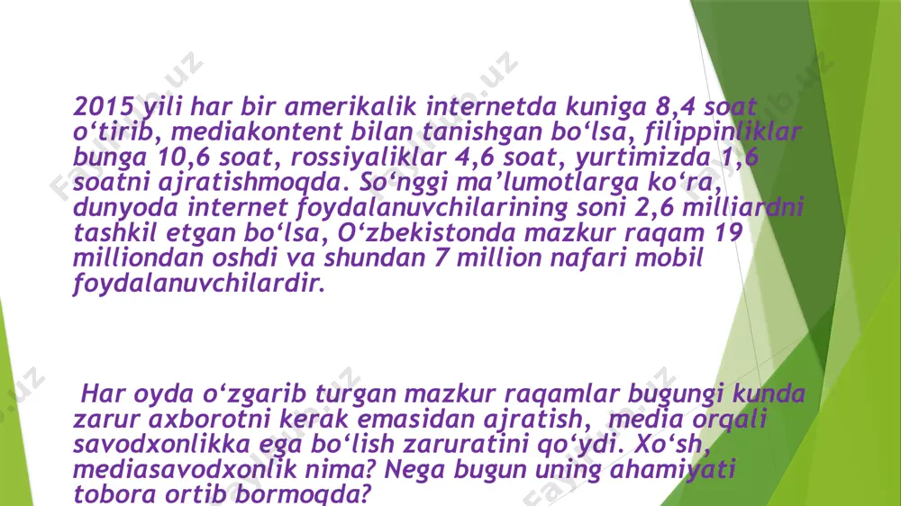 tilayotgan va qabul qilinayotgan kundalik axborotni saralash ko‘nikmalarini shakllantirish; axborot orqali inson ongini boshqarishga yo‘l qo‘ymaslik va har qanday vaziyatda to‘g‘ri qaror qabul qilish; insonning vizual obrazlar ta’siri ostida ijobiy yoki salbiy tomonga o‘zgarishlarini tahlil eta olish va vizual xabarlar ostida beriladigan ko‘rinmas ma’lumotlarni “o‘qiy olish”; oav orqali beriladigan matnli kommunikatsiyalar mohiyatini tahlil etish; axborot qaerdan, kim tomonidan va nima maqsadlarda uzatilyapti, kimning manfaatlarini o‘zida aks etayapti, degan savollarga javob topa olish uchun zarurdir. mediasavodxonlik tushunchasi borasida turli xil fikrlar mavjud bo‘lib, aqshning jamiyat xususidagi xalqaro entsiklopediyasida qayd etilishicha, «mediasavodxonlik» (media literacy) inson jamiyatdagi fuqaro sifatidagi mas’uliyatini his qilgan holda faol va savodli bo‘lishi, mediamatnlarni qabul qila olishi, yaratishi, tahlil eta olishi va baholashi, zamonaviy mediani ijtimoiy-madaniy va siyosiy mazmunini tushuna olishi demakdir. londonning qirollik universiteti professori s.fayrstounning fikriga ko‘ra esa, mediasavodxonlik harakat bo‘lib, uning asosiy vazifasi insonlarni audiovizual va bosma matnlarning madaniy ahamiyatini tushunish, yaratish va baholashga undashdan iborat. …