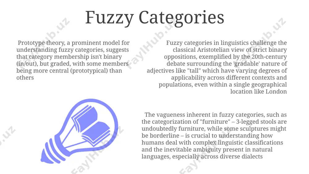 e wug test, developed in the 1960s, illustrates how children in various cultures, such as those in rural japan, apply grammatical rules to novel words, proving inherent categorization skills even with limited exposure to 50+ words. prototype theory prototype theory has significant implications for language acquisition and cross-linguistic studies, demonstrating how culturally influenced prototypes in, say, 5 different languages, shape the understanding and expression of categories such as "furniture" or "vehicle" across geographical areas. prototype theory, developed in the 1970s by eleanor rosch, challenges the classical view of categorization by suggesting that category membership is graded, with some members (prototypes) being more central than others; for example, a robin is a more prototypical bird than a penguin in north america the theory explains why reaction times in cognitive psychology experiments differ when identifying category members. responding to "robin" as a bird is faster than to "ostrich," reflecting the graded structure …