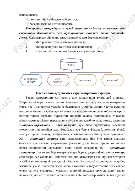 идуал услубини белгилаши мумкин. лекин ҳаётда кўпинча шахснинг билиш жараёнлари ва сезги органларининг ишлаш қобилиятларига боғлиқ тарзда ажралиб турадиган типлари ҳақида гапиришади. масалан, айрим одамлар кўрган нарсаларини жуда яхши эслаб қолади, демак, уларнинг хотираси кўргазмали — образли бўлиб, кўзи билан кўрмагунча, нарсанинг моҳиятини тушунмайди ҳам. бошқалар эса ўзича фикрлаб, номини айтиб, мавҳум тарзда тасаввур қилмагунча, эслаб қолиши қийин бўлади. бундайлар сўз — мантиқий хотира типи вакилларидар. яна бир типли одамлар бевосита ҳис қилган, «юрагидан» ўтказган, унда бирор ёрқин эмоционал образ қолдиролган нарсаларни яхши эслаб қоладилар, бу — эмоционал хотирадир. лекин яна бир хотира эгалари борки, уларни феноменал хотира соҳиблари деб аташади. психологияга оид китобларда ана шундай хотирага эга бўлган кишилар тўғрисида кўп ёзилган. бу шундай кишиларки, улар бир вақтнинг ўзида нисбатан жуда катта ҳажмдаги маълумотларни эсда сақлай олади ва эсга туширади. масалан, тарихий шахслар орасида юлий цезар, налолеон, моцарт, шахмат устаси алехин каби инсонлар хотираси ана шундай ноёб бўлганлиги ҳақида …