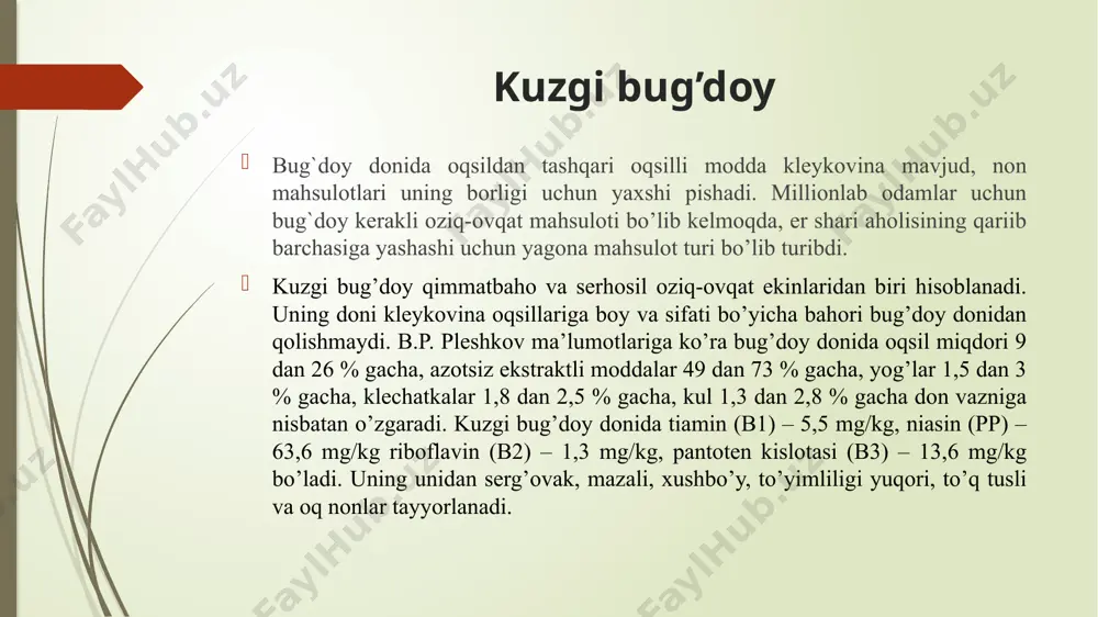 ora bug’doy yormasi namligi 14% dan, uzoq saqlanadigan yorma namligi esa 13% dan oshmasligi lozim. bug’doy uni bug’doy uni. un tortish sanoati quyidagi navlardagi bug’doy uni tayyorlaydi: krupchatka, a’lo navli un, 1-, 2-navlar va jaydari un. krupchatka qattiq va yumshoq bug’doylar aralashmasidan tayyorlanadi. bu un bir tekis mayda zarralardan iborat bo’lib, xamir qorilganda yaxshi ko’pchiydi, unda ko’pi bilan 0,6% kul va yopishqoqligi kamida 30%, rangi kremsimon oq bo’lib, kepagi bo’lmaydi deyish mumkin. oliy nav un juda mayin tortilgan, deyarli qobiq aralashmagan oppoq yoki xiyol sarg’ish rangli undir. bunda ko’pi bilan 0,55% kul va kamida 28% ho’l elim bo’ladi. 1-nav un yumshoq va qattiq bug’doyni mayin tortib olinadi. tortilganda donning o’zak qismida 2-3% kepagi koladi. 1-nav unda 0,75% kul va yopishqoqligi 30% dan kam bo’lmaydi. 2- nav un ham yumshoq va qattiq bug’doyning aralashmasidan yirikroq qilib tortiladi, uning rangi sarg’ish-kul rang, oq tovlanadi; 10 -12% gacha kepak, 1,4% gacha kul va …