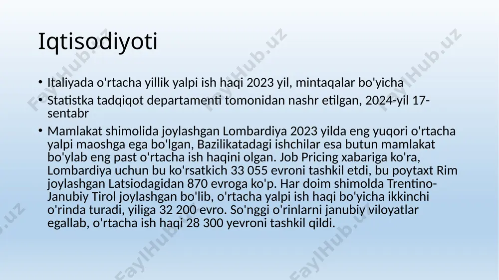 chun u 7,3 foizga kamaydi. jobpricing ma'lumotlariga ko'ra, 2023 yilda ayollarning yillik yalpi maoshi 29,400 yevroni tashkil qilgan. boshqa tomondan, erkaklarning o'rtacha yillik maoshi 31,700 yevroni tashkil qilgan. iqtisodiyoti italiyada o'rtacha yillik ish haqi 2000-2023 statista tadqiqot departamenti tomonidan nashr etilgan, 2024-yil 12-sentabr 2000 yildan 2023 yilgacha italiyada o‘rtacha ish haqi ko‘tarilib, 2023 yilda deyarli 32 450 yevroga yetdi. biroq 2020 yilda covid-19 pandemiyasi sabab bo‘lgan iqtisodiy inqiroz tufayli 28 485 yevrogacha pasayish kuzatildi, keyin yana 30 247 yevroga ko‘tarildi. 2021. erkak menejerlar eng yuqori daromadga ega bo'lgan guruh vakili edi. ularning yalpi maoshi yiliga qariyb 110 000 yevroni tashkil etgan bo'lsa, xuddi shu lavozimni egallagan ayollarning yillik maoshi esa 103 300 yevro atrofida bo'lgan. iqtisodiyoti iqtisodiyoti italiyada uy xo'jaliklari uchun qashshoqlik chegarasi 2022 statista tadqiqot departamenti tomonidan nashr etilgan, 2024-yil 30-avgust 2022 yilda italiyada oyiga 690 evrodan kam daromad bilan yashaydigan shaxs kambag'al deb topildi. bundan tashqari, ikki a'zoli …