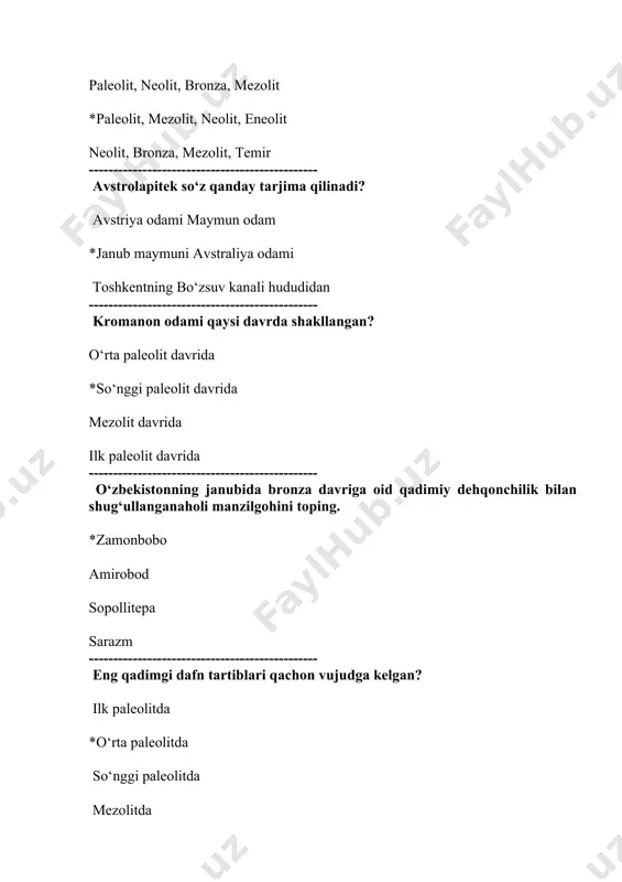 larni aniqlang: *kattaxorazm, baqtriya dovon qang‘ kushon ----------------------------------------------- qabilalarning bitta til, bitta din, yagona turmush tarzi, hamda urf-odat va an’analari mushtarakligi negizida uyushuvidan ... tarkib topadi millat xalq urug‘ *qabillar ittifoqi ----------------------------------------------- dashti qipchoqda ko‘chmanchi o‘zbeklar davlatiga kim asos solgan edi? abdullaxon shayboniyxon *abulxayirxon o‘zbekxon ----------------------------------------------- hozirgi o‘zbek xalqi o‘zining «o‘zbek» nomini nechanchi asrda olgan edi? ix-asrda xii-asrda *xvi-asrda xiv-asrda ----------------------------------------------- yagona zaminda yashab kelayotgan turkiy xalqlarni parchalab tashlashga qaratilgan- milliy hududuy davlat chegaralanishi qachon o‘tkazilgan edi? chor mustamlakachiligi davrida ikkinchi jahon urushi yillarida *1924-1925 yillarda 1950-1951 yillarda ----------------------------------------------- urug‘chilik jamoasidan davlatchilikka o‘tishbosqichi qanday ataladi? *«harbiy demokratiya» feodal davr matriarxat davri «o‘zlashtiruvchi xo‘jalik» davri ----------------------------------------------- xalqlarning turmushi, madaniyati va urfodatlarini tadqiq etuvchi fan mutaxasislariqandayyuritiladi? lingvistlar antropologlar *etnograflar epigrafistlar ----------------------------------------------- arab xalifaligi davrida sharqning eng yirik ilm fan va madaniyat markazi bo‘lgan shaharni toping buxoro *bog‘dod samarqand damashq ----------------------------------------------- mo‘g‘ullar hukmronligi davridahunarmand va savdogarlardan ... solig‘i undirilgan. kopchur ushur *targ‘u kalon …