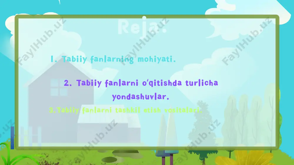 bo'yicha krosswordlar tuzish, kuzatish va tajribalar o'tkazish, ma'ruza va referatlar, turli mavzularda o'tkaziladigan tanlovlar uchun materiallar tayyorlash shular jumlasidandir. tabiiy fanlarni o'qitishda hamkorlikda o'qitish texnologiyasining barcha metodlaridan, modulli ta'lim texnologiyasining o'quvchilarning kichik guruhlarda ishlashiga mo'jjallangan modul dasturlaridan foydalanish shular jumlasiga kiradi. oʻqitish vositalari tabiiy fanlar darslarida zamonaviy pedagogik texnalogiyalardan muvaffaqiyatli foydalanishning muhim shartli ta'lim-tarbiya jarayonida teskarialoqni amalga oshirish, yani o'quvchilarning o'zlashtirilgan bilimlarini nazorat qilish va baholash, ularning javoblaridagi tipik xatoliklarni aniqlash va ularni bartaraf etish yo'llarini aniqlash, olingan natijalarga muvofiq holda dars ishlanmalariga tegishli o'zgartirishlar kiritish, ularni takomillashtirish sanaladi. tabiatshunoslikni oʻqitish vositalari 1.darslik va u bilan ishlash. 2.koʻrgazmali qurollar. 3.plan, xarita,globuslar. 4.ekran vositalari. 5 .sinf dostasi va boshqalar. hozirgi mavzumizga aloqador vedioni tomosha qilamiz. endi navbatni zamonaviy metod va didaktik oʻyinlarimizga beramiz e`tiboringiz uchun tashakkur!!! image9.png image10.png image11.png image1.png image2.png image3.png image4.png image5.png image6.png image7.png image8.png image12.jpeg image13.png image14.jpeg image15.jpeg image16.jpeg image17.jpeg image18.jpeg image19.jpeg