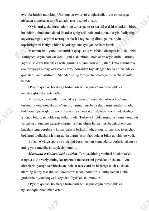 nishini berish uchun komanda sardorlari, hakam va uning yordamchilarini saylash mumkin. mazmunli o‘yinlarni tushuntirish. tarbiyachining vazifasi bolalar ko‘zi o‘ngida o‘yin vaziyatining ko‘rgazmali manzarasini gavdalantirishdan, o‘yin obrazlarini yorqin tasvirlashdan, bolalar tasavvuri va hislariga ta’sir etishdan, ularning ijodiy tashabbusni faollashtirishdan iboratdir. buning uchun kichik gruhlarda o‘yinchoq va hikoyadan foydalanishi mumkin. o‘yinni qoidasi bolalarga tushunarli bo‘lsagina o‘yin quvnoqlik va uyushqoqlik bilan bilan o‘tadi. musobaqa elementlari mavjud o‘yinlarni o‘tkazishda tarbiyachi o‘yinni tushuntirayotib qoidalarni, o‘yin usullarini, musobaqa shartlarini aniqlashtiradi, bolalarni topshiriqlarni yaxshi bajarishga harakat qilishlar va yaxshi uddalashga ishonch bildirgan holda rag‘batlantiradi. tarbiyachi bolalarning jismoniy komoloti va yakka o‘ziga xos xususiyatlarini hisobga olgan holda musobaqalashayotgan kuchlari teng guruhlar – komandalarni birlashtiradi; o‘ziga ishonchsiz, tortinchoq bolalarni faollashtirish maqsadida ularni jasur, faol bolalar bilan qo‘shib qo‘yadi. ba’zan o‘yinga sport ko‘rinishini berish uchun komanda sardorlari, hakam va uning yordamchilarini saylash mumkin. mazmunli o‘yinlarni tushuntirish. tarbiyachining vazifasi bolalar ko‘zi o‘ngida o‘yin vaziyatining ko‘rgazmali manzarasini gavdalantirishdan, o‘yin obrazlarini yorqin tasvirlashdan, …