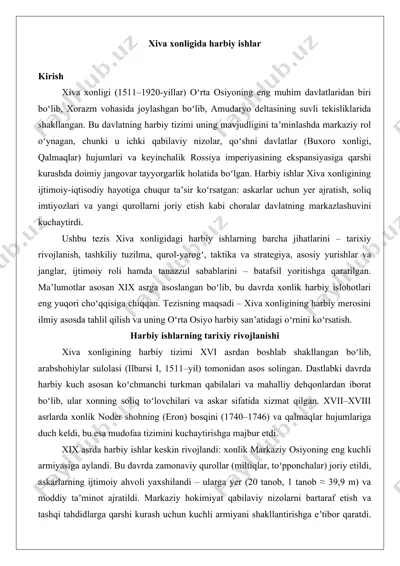 xiva xonligida harbiy ishlar tezis — DOCX