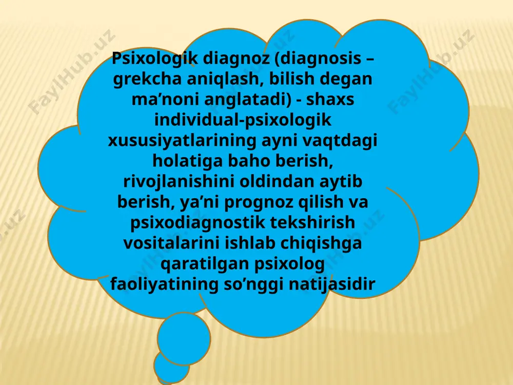 t amaliyotlari agar qonun bilan chegaralanmagan bo‘lsa. 2.psixologik testlar o‘tkazishdan oldin sinaluvchi, tadqiqot jarayonida o‘zi anglamagan holda, o‘z fikri va hissiyotlari haqida ma'lumotlar berib turishi to‘g‘risida ogohlantirib qo‘yilishi kerak. 3.har bir odam agar qonun bilan chegaralanmagan bo‘lsa, test natijalarining qachon, kim tomonidan va qanday maqsadda qo‘llanilishi haqida bilishga haqlidirlar. 4.psixologik test natijalari tadqiqot o‘tkazgan shaxs tomonidan sinaluvchiga tushunarli bo‘lgan shaklda tayyorlab taqdim qilinadi. 5.voyaga etmagan bolalar bilan o‘tkazilgan test natijalarini ularning ota-onalari yoki ularning o‘rnini bosuvchi shaxslar bilishga haqlidir. 6.agar test shaxsning psixologik taraqqiyot darajasini aniqlash maqsadida o‘tkazilsa, u holda sinaluvchi nafaqat testning maqsadini, balki kim tomonidan nima asosida test natijalarining xulosasi chiqarilishini bilishga haqlidir. 7.amaliyotda psixologik testlarni qo‘llashda asosiy javobgarlik ulardan foydalanayotgan shaxslar, tashkilotlar va psixologlar zimmasidadir.psixodiagnostika bilan shug‘ullanuvchi odamlarga qo‘yiladigan maxsus malakaviy talablar psixodiagnostik mеtodikalarni va ularni o‘tkazish shart-sharoitlarini mukammal bilishi nazariy tayyorgarlik psixologik tadqiqotning asosiy metodologik tamoyillari -psixodiagnostika sirlarini saqlash. -psixodiagnostik metodikalarning ilmiy asoslanganligi. -sinaluvchiga ziyon yetkazmaslik. …