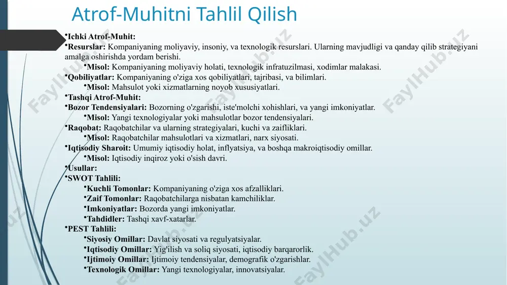 pple kompaniyasi yangi iphone modellari va boshqa texnologik innovatsiyalar bilan mahsulotni rivojlantiradi. 3. bozorni kengaytirish (market development) ta'rif: bu strategiya mavjud mahsulotlarni yangi bozor segmentlariga yoki yangi geografik hududlarga kengaytirishga qaratilgan. maqsad — yangi mijozlar bazasini yaratish va yangi bozorlarni qamrab olish. usullar: geografik kengayish: mahsulotlarni yangi mamlakatlarda yoki yangi mintaqalarda sotish. yangi bozor segmentlari: turli demografik yoki ijtimoiy guruhlarni maqsad qilish. bozorni diversifikatsiya qilish: yangi bozor segmentlari yoki mahsulot turlari bilan kengayish. misol: starbucks kompaniyasi o'zining kafelarini yangi mamlakatlarda ochish orqali bozorni kengaytiradi. 4. diversifikatsiya (diversification) ta'rif: bu strategiya yangi mahsulotlar yoki xizmatlarni yangi bozor segmentlarida ishlab chiqishga qaratilgan. bu kompaniyaning o'z biznesini diversifikatsiya qilish, yangi sohalarga kirib borish va bozor risklarini kamaytirish uchun ishlatiladi. usullar: ko'p turli sohalarda faoliyat: yangi sanoat yoki bozor sohalarida yangi mahsulotlar yoki xizmatlar taklif qilish. stratejik hamkorliklar: boshqa kompaniyalar bilan hamkorlik yoki qo'shma korxonalar tashkil qilish. korporativ qo'shilishlar va sotib olishlar: yangi sohalarda …