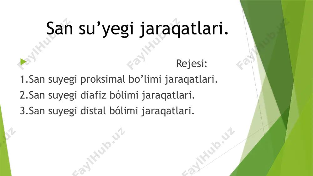 -8 hápteden keyin skelet tartmasi toqtatiladi. odan keyin bolsa nawqastı emlewdi eki qıylı usıl menen dawam ettiriw múmkin: 2, 5-3, 5 ayǵa koksitli gips baylamı qoyilib, nawqasqa az-azdan sınǵan ayaginda júriwge ruxsat beriledi yamasa funktsional usıl menen emlewdi dawam ettiriledi.funktsional usıl menen emlew arnawlı standart shina yamasa beler shinasida ámelge asıriladı. san suyegi diafiz boliminin sınıw tarawina qarab san diafizining sınıwı úshten bir joqarı, orta hám tómengi bólimlerge bólinedi. san diafizi joqarı ushlıǵınan sınǵanda proksimal bólektiń xarakterli qozgaliwi aldınǵa hám tısqarıga boladı, distal bóleginde bolsa iskkerige jiljiydi. sınıw tarawi qanshelli joqarı bolsa, tipik jılısıw sonshelli anıq, boladı. san diafizi tómengi ushlıǵınan sınǵanda baltır muskuli qısqarıwı nátiyjesinde distal bólek keyin qaray jıljıydı. sonda dize astı arteriyası zaqım aliwi múmkin. proksimal bólek jaqınlastırıwshı bulshıq etler qısqarıwı nátiyjesinde ishkerige tartıladı.san diafizi sınǵanda funktsiyanıń buziliwi hám kúshli awrıw sınǵan tarawda gúzetiledi. sınǵan ju’zede deformatsiya anıqlanadi. joqarı úshlıqtan sınǵanda «galife» tarizli deformatsiya tipik esaplanadi. diafiz …