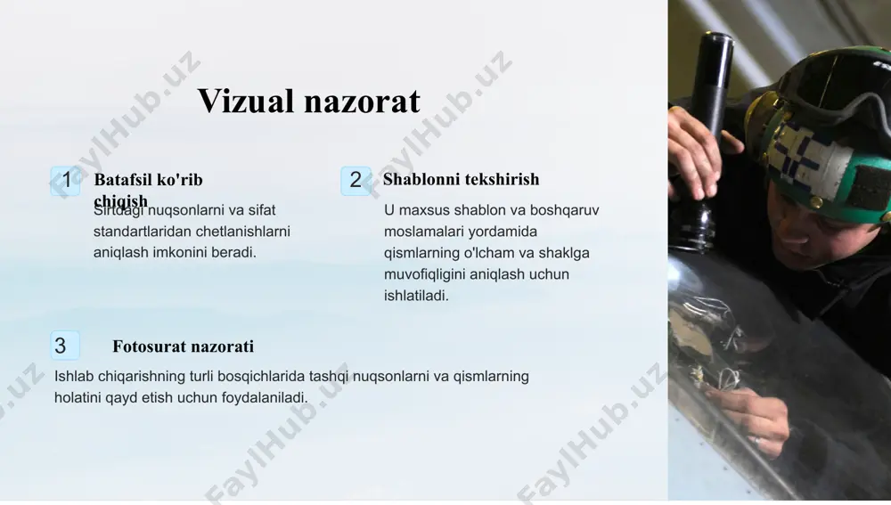 t texnologik jarayonni nazorat qilish usullari optik tizimlar va asboblar yordamida sirtdagi yoki ichki qismlardagi nuqsonlarni aniqlash imkonini beradi. yakuniy mahsulotning ishlashi va belgilangan spetsifikatsiyalarga muvofiqligini tekshirish uchun foydalaniladi. mahsulotni yakuniy nazorat qilish usullari optik nazorat funksional test image2.png image3.png image4.png image5.png image6.png image7.png image8.png image9.png image10.jpeg image11.png image12.png image13.png image14.png image15.png image16.png image17.png image1.png