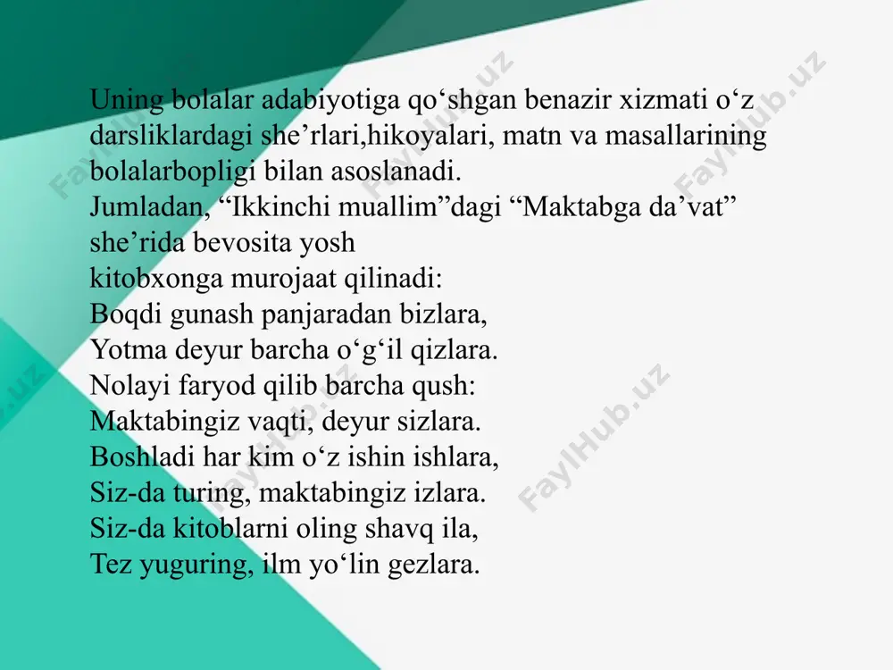 shbu fikr mantiqan davom ettiriladi: firdavsi jinon maktab, nodonlara jon maktab, bilgan kishiga qadrin, bir dorulomon maktab. johillara g‘am maktab, yalqovlara kam maktab, husnixat kishilarga chin ruhi ravon maktab. jonim, o‘qungiz maktab, boru yo‘qingiz maktab, sizlar uchun, avlodim, bog‘u guliston maktab. ko‘rinadiki, she’rlar mavzu jihatdan bir, ammo ularning talqini, badiiy ifodasi murakkablasha borgan. birinchi she’rda shoir yosh kitobxonni o‘qishga, ilm ma’rifatga targ‘ib qilsa, ikkinchi she’rda maktabning kimlarga foyda-yu qanday kishilarga zarar ekani qiyoslanadi; uchinchi she’rda esa maktabning alohida manfaatlari xususida emas, umummillat va yurtga keltiradigan foydalari tilga olinadi. onamizsan! bizning mushfiq onamizsan! javlon urib yashaydurgon xonamizsan! seni sotmoq mumkinmidur, o‘zing o‘yla, tiling bo‘lsa, hasratlaring tuzuk so‘yla!.. sotib-sotib qoladurmiz g‘amga botib, boyqush kabi vayronada yotib-yotib. shoir o‘tmishda ma’rifat gulshani bo‘lgan yurtimizning jaholat botqog‘iga botganidan afsuslar chekib, vatan tobora vayronaga aylanayotgani, ilm-ma’rifatga oshno bo‘lishgina kishilarni bu g‘amdan qutqazishini ta’kidlaydi shu ma’noda shoirning “ilma targ‘ib”, “jaholat”, “istiqboldan orzularim”, “millatga salom” she’rlari millat farzandlariga …