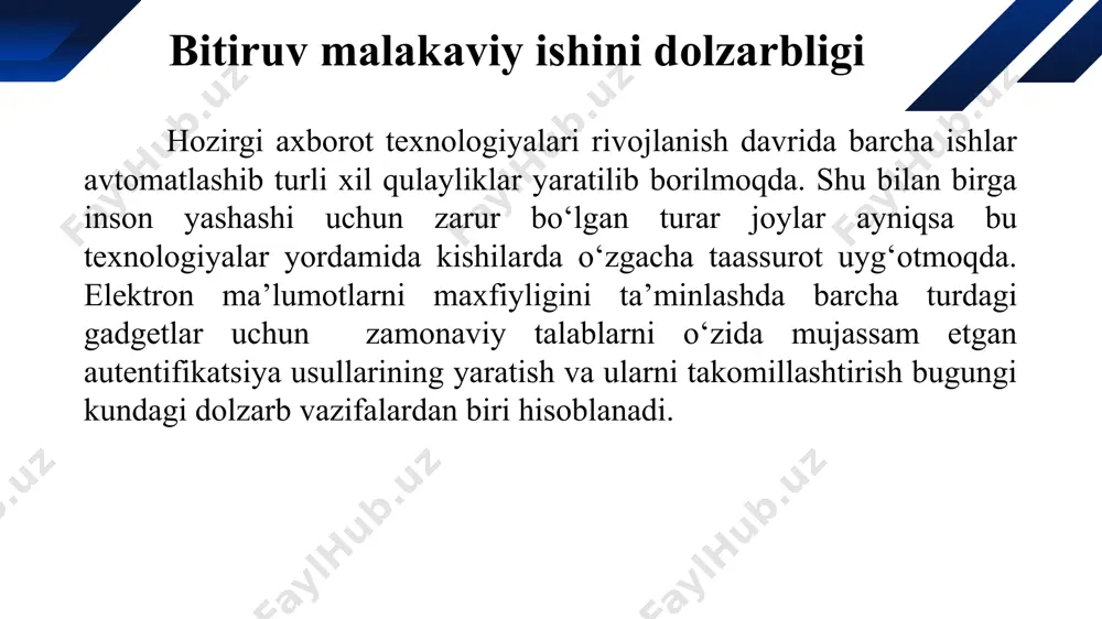 idan ajratib olish uchun identifikator; uchinchi element – foydalanuvchi sub’ekti identifikatorini tasdiqlash jarayoni ya’ni autentifikator; to‘rtinchi element - tizim egasi (administrator), tizimdan foydalanish javobgarligini, avtorizatsiyadan o‘tgan foydalanuvchilarni va boshqa foydalanuvchilarni autentifikatsiyalash mexanizmidan o‘tkazish; - beshinchi element – autentifikatsiyalash mexanizmi. ruxsatlarni boshqarish tizimining tashkil etuvchilari 5 ruxsatlarni boshqarish tizimining tashkil etuvchilari identifikator quyidagilar bo‘lishi mumkin: telefon raqami; pasport raqami; elektron pochta manzili; tizimdagi foydalanuvchining id raqami. autorizatsiya jarayoniga misollar: - kalit bilan eshikni ochgandan keyin ichkariga kirish; - parolni kiritganingizdan keyin elektron pochtaga kirish; - barmoq izingizni skanerdan o‘tkazganingizdan keyin smarfoningizning ochilishi; - pasport va xisob ma’lumotlaringizni tekshirgandan keyin bankdagi pul mablag‘laringizni berilishi. ruxsatlarni boshqarish tizimining tashkil etuvchilari 7 ruxsatlarni boshqarish tizimining tashkil etuvchilari identifikatsiya, autentifikatsiya va autorizatsiya jarayonlari o‘rtasidagi bog‘liqlik. 1. identifikatsiya(login yoki id raqam) – identifikatorni tanlash; 2. autentifikatsiya(parol, qurilma yoki barmoq izi) – haqiqiyligini tekshirish; 3. autorizatsiya- kirishga ruxsat berish . 8 inson hayoti hayoti davomida u bilan …