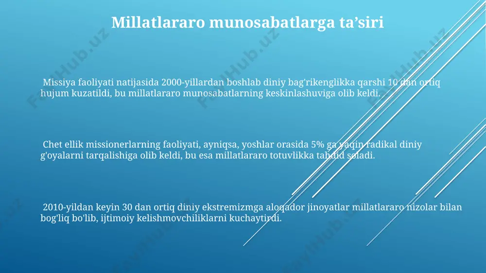 q xo'jaligi mahsulotlarining raqobatbardoshligini pasaytirib, milliy iqtisodiyotga 15% gacha zarar yetkazgan. oʻzbekistondagi missionerlik faoliyatining tarixiy kelib chiqishi xvi-xviii asrlarda, rossiya imperiyasi taʼsiri ostida, pravoslav missionerlari oʻzbekiston hududlariga kirib, diniy taʼlimotlarni tarqatishga 20 dan ortiq cherkov va monastirlar qurish orqali harakat qilishgan. sovet davrida, 1920-1990 yillar oraligʻida, diniy faoliyat qattiq nazorat qilingan boʻlib, har qanday missionerlik faoliyati qonun bilan taqiqlangan va bu milliy madaniyatga jiddiy taʼsir koʻrsatgan. xix asrning ikkinchi yarmida, ingliz va amerika protestant missionerlari oʻzbekistonning turkiston general-gubernatorligida 10 ga yaqin missiya ochib, mahalliy aholi orasida taʼsir oʻtkazishga harakat qilishgan, ammo cheklangan muvaffaqiyatga erishgan. madaniy va ijtimoiy oqibatlar madaniy meros ob'ektlarining 30% dan ortigʻida missionerlar tomonidan noqonuniy ravishda diniy ramzlarni joylashtirish holatlari qayd etilgan, bu milliy madaniy qadriyatlarga putur yetkazmoqda. missionerlik faoliyatining kuchayishi natijasida 2010-2020 yillar oraligʻida diniy ekstremizmga moyil boʻlgan 500 dan ortiq yoshlarning radikal guruhlarga qoʻshilishi kuzatildi, bu ijtimoiy barqarorlikka tahdid solmoqda. missionerlik ta'siri ostida 15 yoshdan 25 …