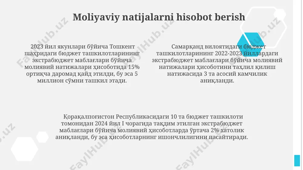 sonli buyruqqa muvofiq ekstrabyudjet mablag'larini hisobga olish bo'yicha aniq ko'rsatmalar mavjud bo'lib, bu samarqand viloyati kabi hududlarda ham qo'llanilmoqda. ekstrabyudjet mablag'larining 5 dan ortiq manbasidan tushumlarni alohida hisobga olish va ularning har biri bo'yicha 3 oylik hisobotlarni taqdim etish, toshkent shahridagi katta korxonalar amaliyotida samarali natijalar bermoqda. audit va nazorat наманган вилоятидаги 2 та касалхонанинг 2021-2022 йиллардаги молиявий ҳисоботларида экстрабюджет маблағларининг мақсадли ишлатилиши юзасидан назорат заиф эканлиги ва 10 млн сўмдан ортиқ маблағнинг ҳисобида номувофиқликлар аниқланди. ўзбекистон республикаси ҳисоб палатасининг 2022 йилги аудитида 5 та бюджет ташкилотида жами 15 млн сўмлик экстрабюджет маблағларининг ҳисобида камчиликлар аниқланди. тошкент шаҳридаги 3 та мактабнинг молиявий ҳисоботларини текшириш жараёнида, 2023 йилда экстрабюджет маблағларининг фоиз ставкалари бўйича ҳисоб-китобларда ноаниқликларга йўл қўйилганлиги аниқланди. aktivlarning hisobi toshkent shahridagi bir tashkilotning ekstrabyudjet mablag'lari hisobida 3 ta turdagi aktivlar: pul mablag'lari, qimmatli qog'ozlar va asbob-uskunalar mavjud bo'lib, ularning umumiy qiymati 7,5 milliard so'mni tashkil etadi. 2023-yil 1-yanvar holatiga ko'ra, …