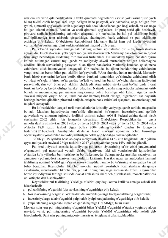 taklifini o’zgartiradi va shular orqali pul-kredit muomalasini tartibga solib turadi. pul-kredit siyosatini yuritish vositalaridan biri –majburiy bank zahira me’yorini o’zgartirish siyosatidir. majburiy zahiralar – bu, kredit maqsadlari uchun ishlatilmaydigan bank omonatlarining bir qismidir.. zahira normasi ikki asosiy funksiyani bajaradi: bank likvidligini joriy tartibga solish uchun sharoit yaratadi va kredit emissiyasini cheklaydi. markaziy bank tijorat banklari markaziy bankda ushlab turishga majbur bo’lgan zahiralarning eng quyi normasini o’rnatadi va shu vosita yordamida ular kreditlash qobiliyatiga, imkoniyatiga ta’sir etadi. bu me’yor qanchalik yuqori bo’lsa, ortiqcha zahiralar shunchalik kam va tijorat banklarining kredit berish yo’li bilan «pullarni barpo etish» qobiliyati past bo’ladi. ilk majburiy zahira normalari aqsh da 1865 yilda joriy qilingan edi. agar markaziy bank majburiy bank zahirasini kamaytirsa, ortiqcha bank zahiralari ortadi, bu esa pul taklifining mul’tiplikatsion ortishiga olib keladi. masalan, ushbu me’yor 25 % bo’lsa, unda bankka qo’yilgan 800 so’mdan 200 so’m majburiy bank me’yorini tashkil etadi. bunda bank faqat 600 …