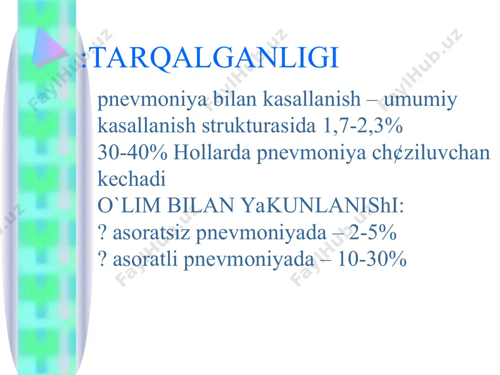 oz, mielositlargacha chapga siljishi, neytrofillarning toksik donadorligi, limfopeniya, eozinopeniya, echt oshishi. qba: b2- i y-globulinov miqdori, sial kislotalar, seromukoid, fibrin, ldg (ayniksa ldgz) mi?dori oshishi. peshob ua: oqsil, ba'zan mikrogematuriya. qon gaz tarkibini tekshirish: rao2 pasayishi (gipoksemiya). koagulogramma tekshiruvi: dvs-sindrom (kam ifodalangan) instrumental tekshiruvlar. rentgenologik tekshiruvlar: quyilish davrida zararlangan segmentlarda ¢pka suratining kuchayishi, shu sohlarda ¢pka maydoni tiniqligi me'yorida yoki bir oz pasaygan. zichlashish bosqichida yallig`lanish kamrab olgan ¢pka segmentlarining intensiv soyalanishi. ¢pkaning butun b¢lagi yoki b¢lakning katta qismini qamrab olgan pnevmoniyada soyalanish bir tekisda, markaziy b¢aklarida kuchliroq. v stadii razresheniya bosqichida yallig`lanish infiltratining ¢lchamlari va intensivligi kamayadi, ¢pka ildizlari kengaygan b¢lishi mumkin. spirografiya: o`qs kamayishi, mod oshishi. ekg: kupchilik ulanishlarda t tishcha va st intervalining pasayishi, ii va iii ulanishlarda amplitudasi baland b¢lgan r tishcha paydo b¢lishi markaziy pnevmoniya (i tipdagi pnevmokokk bilan chaqirilgan pnevmoniya. o`ng o`pka yuqori bo`lagida lobar bakterial pnevmoniya streptokokkli pnevmoniya; 25 yoshli erkak bemor grippoz …