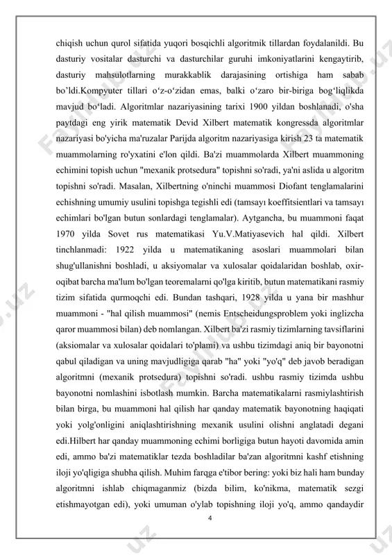 buni 1935–36 yillarda alonso cherkovi va alan turing mustaqil ravishda amalga oshirgan. birinchisi, shu maqsadda hisob-kitob apparatini ishlab chiqdi, ikkinchisi esa biz hozir tyuring mashinasi deb ataydigan narsani ixtiro qildi. bu ham, boshqasi ham algoritmning rasmiy ta'rifi bo'lib xizmat qilishi mumkin va odatda hisoblash modeli atamasi bilan belgilanadi. darvoqe, xilbertning diofant tenglamalari bo'yicha o'ninchi masalasi xuddi shu manfiy ma'noda hal qilindi, ularni hal qilishning umumiy usuli yo'qligi isbotlandi va isbotlash bosqichlaridan birida turing mashinalari ishlatilgan. ma'lum bo'lishicha, ushbu ikkala hisoblash modellari birida echilishi mumkin bo'lgan har qanday muammo ikkinchisida ham echilishi mumkinligi nuqtai nazaridan bir-biriga tengdir. natijada, agar muammo bitta model yordamida hal etilmasa, boshqasi yordamida hal etilmaydi. i bob. xodimlar bo’limi monitoring dasturini yaratishda c# dasturlash tili 1.1. c# dasturi yaratilishi tarixi kompyuter tillari oʻz-oʻzidan emas, balki oʻzaro bir-biriga bogʻliqlikda mavjud boʻladi. har qanday yangi til u yoki bu shaklda oldingi yaratilgan tillarning xossalarini oʻziga meros qilib oladi, yaʼni …