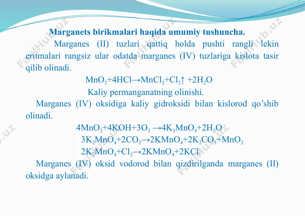 da oksidlanib uch valentli marganesning geksanidi k4[mn(cn)6] ga aylanadi. marganes (ii) tuzlariga ishqorlar ta’siridan marganes(ii) gidroksidi hosil bo’ladi. oq cho’kma mn(oh)2oksidlanib qorayib qoladi. 2mn(oh)2+2h2o+o2→2mn(oh)3 mn(oh)2+2h2o→2e→mn(oh)3+2h+ 2 o2+2h2o+4e→4oh 1 yuqorida keltirilgan reaksiyalar mn(oh)2ning beqarorligini ko’rsatadi. kuchli oksidlovchilar ta’sirida mn2+birikmalari ishqoriy muhitda oksidlansa manganatlar agar kislotali muhitda oksidlansa permanganatga o’tishi mumkinligini ko’rishimiz mumkin. marganesni bronza qotishmalari tarkibidan aniqlash metallarni tahlil qilish–metallar, rudalar, yarim mahsulotlar, yog'lar, suv va boshqa texnik tahlillarni tahlil qilish bilan shug'ullanadigan texnik tahlil bo'limi-sanoat ob'ektlarini tahlil qilish uchun analitik kimyo usullarini qo'llash. texnik tahlil milliy iqtisodiyot uchun katta ahamiyatga ega. metallishlab chiqarishda kiruvchi xom ashyo, tayyor mahsulotlar va yarim mahsulotlarning sifatini nazorat qilish kerak. kerakli sifat gost va texnik shartlarda nazarda tutilgan me'yorlar asosida o'rnatiladi. marganets sanoatda ishlatiladigan birinchi noyobmetallardan biri, masalan, po'lat ishlab chiqarish uchun. shuning uchun marganetsning analitik kimyosiga qiziqish juda uzoq vaqt oldin paydo bo'ldi. shu bilan birga, turli tabiiy va sanoat materiallarida marganetsni aniqlash uchun …