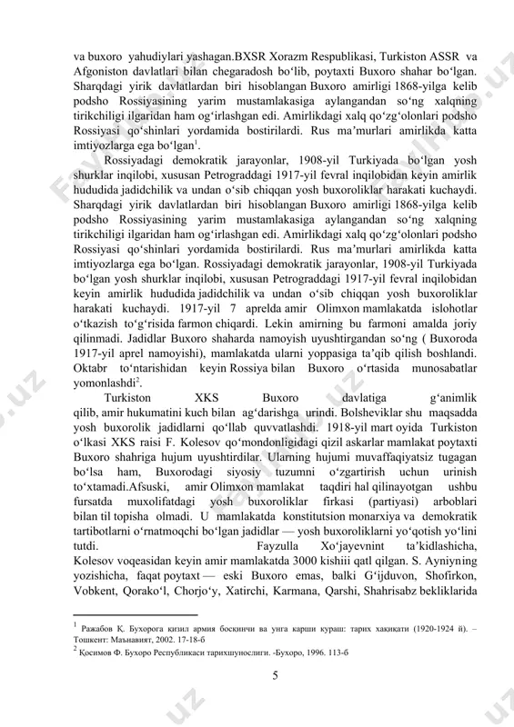 i (partiyasi) arboblari bilan til topisha olmadi. u mamlakatda konstitutsion monarxiya va demokratik tartibotlarni oʻrnatmoqchi boʻlgan jadidlar — yosh buxoroliklarni yoʻqotish yoʻlini tutdi. fayzulla xoʻjayevnint taʼkidlashicha, kolesov voqeasidan keyin amir mamlakatda 3000 kishiii qatl qilgan. s. ayniyning yozishicha, faqat poytaxt — eski buxoro emas, balki gʻijduvon, shofirkon, vobkent, qorakoʻl, chorjoʻy, xatirchi, karmana, qarshi, shahrisabz bekliklarida ham minglab kishilar jadidlikda ayblanib nohaq oʻldirildi. buxorolik jadidlarning tirik qolgan vakillari samarqand, toshkent va moskvaga joʻnab ketishga majbur boʻlishdi, yosh buxoroliklarning bir kismi 1918-yil yozida toshkentda buxoro kompartiyasini tuzishdi, f. xoʻjayev moskvadagi muhojirlik davrida — 1918-yil oktabrda turkiston respublikasining rsfsr hukumati huzuridagi muxtor vakolatxonasi qoshida yosh buxoroliklar partiyasining boʻlimini tashkil qiddi. 1920-yil yanvda toshkentda f. xoʻjayev boshchiligida inqilobchi yosh buxoroliklar partiyasining turkiston markaziy byurosi tashkil qilindi. bolsheviklar yosh buxoroliklardan amirlik hokimiyatini agʻdarishda foydalandilar. ular ham taktik maqsadlarni koʻzlagan holda bolsheviklarga yaqinlashishdi. 1920-yil 25 avgustda qoʻmondon m. v. frunze turkfront qoʻshinlariga q«oʻzgʻolon koʻtargan buxoro mehnatkashlariga …