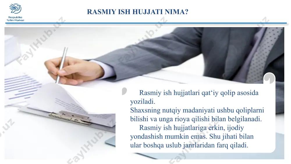 , umuman, kishilik jamiyatining uzluksiz faoliyatini tartibga solib turadi. qo‘llanmada ish yuritish hujjatlarining o‘ziga xos xususiyatlari, turlari, umumiy uslubiy tomonlari hamda idoraviy ish yuritish tili, shuningdek, boshqaruv hujjatlarining zaruriy qismlari va ularni rasmiylashtirish, blanka (bosma ish qog‘ozlari) hujjatlari ko‘rsatildi. shuningdek, hujjatlarning namunalari, har bir mavzudan so‘ng topshiriqlar, qo‘llanma oxirida bilimlarni mustahkamlash uchun test topshiriqlari berildi. qo‘llanma kimyo-texnologiya instituti talabalari uchun ishchi o‘quv dasturiga muvoviq tuzilgan. bundan tashqari, ish yuritish haqida ma’lumotga ega bo‘lishni istaganlar ham foydalanishlari mumkin. 4 1-mavzu. r a s m i y i s h y u r i t i s h a s o s l a r i hujjatlar matniga qo‘yiladigan eng muhim talablardan biri xolislikdir. hujjatlar rasmiy munosabatlarni ifodalovchi va qayd etuvchi rasmiy yozma vositalar sifatida axborotni xolis aks ettirmog‘i lozim. shuning uchun hujjatlar tilida so‘z va so‘z shakllarini qo‘llashda muayyan chеgaralanishlar mavjud. xususan, rasmiy ish uslubida kichraytirish-erkalash qo‘shimchalarini olgan so‘zlar, ko‘tarinki-tantanavor yoki …