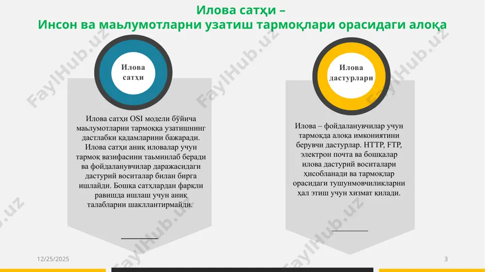 (иерархик) ҳимоя моделини амалга ошириш тўғрисида гаплашишга имкон беради. ахборотни муҳофаза қилишнинг даражали модели 12/4/2024 14 тармоқ диагностикаси маьлумотларни узатиш ва қабул қилиш тизим конфигурацияси масофадан буйруқларни бошқариш snmp, rstat, rwho nfs, smb, ftp, tftp, http, lpd ntp, dhcp, bootp rlogin, rexec, rsh, telnet, ssh vnc, rdp x-windows, rtp, rtsp, voip tacacs кенг фойдаланиладиган илова сатҳи протоколлари иш столига масофадан рухсат олиш график ва аудио аутентификация tacacs 12/4/2024 15 tacacs xtacacs tacacs+ tacacs (terminal access controller access control system) илова сатҳи протоколи бўлиб, аутентификация, авторизация ва ҳисобга олиш имкониятларини беради. терминал серверлари ва тармоқ қурилмалари яратилган tacacs мижози фойдаланувчи номи ва паролини серверга юборади ва ҳисобга олиш маьлумотлари [rfc1492] билан боғлиқ авторизация асосида унга рухсат берилади. мижоз муваффақиятли аутентификациядан сўнг терминал сервердан фойдаланишга рухсат олиши ёки slip боғланишини сўраши мумкин. фойдалана олишни марказлаштирилган бошқариш анъанавий масофадан фойдалана олиш тизимида масофадан фойдалана олиш серверига (ras) қўнғироқ қилади, сервер фойдаланувчи учун аутентификациялаш …