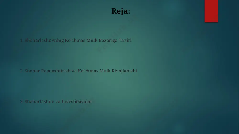 nning yirik shaharlarida, jumladan samarqand va buxoroda, yashil maydonlarning kamayishi tufayli issiqlik oroli effekti kuchayib, 2-3°c ga harorat ko'tarilishi kuzatilmoqda. shaharlashuv tufayli toshkentda 2020-yildan buyon havo ifloslanishi 15% ga oshgan, bu esa nafas olish kasalliklari sonining ko'payishiga olib kelmoqda, ayniqsa bolalar orasida. talab va taklifning o'zaro bog'liqligi toshkent shahrida 2022-yilda yangi turar-joy binolari qurilishi 15% ga oshdi, bu talabning yuqori bo'lishini va narxlarning oshishiga olib keldi. farg'ona vodiysidagi qishloq aholisining shaharga ko'chishi natijasida 2023-yilning birinchi choragida andijon shahrida ijaraga beriladigan kvartiralarga talab 20% ga o'sdi. ko'chmas mulk bozori dinamikasi самарқанд вилоятидаги сайёҳлик инфратузилмасининг ривожланиши туфайли, сўнгги 3 йилда дам олиш учун мўлжалланган кўчмас мулк нархлари 25-30% га кўтарилди. тошкент шаҳридаги кўчмас мулк бозорида 2023 йилда уй-жой нархлари ўртача 15% га ошди, бу эса асосан шаҳар аҳолисининг 2 миллиондан ортиққа етиши билан боғлиқ. shaharlashuvning ta'rifi va ahamiyati shaharlashuv tufayli toshkent kabi yirik shaharlarda ko'chmas mulk bozorida 2023 yilda 15% ga yaqin …