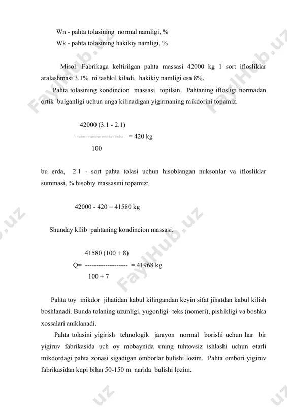 uchun muljallangan iplar, uz navbatida, tanda ipi va arkok ipiga bulinadi. urta tolali pahta uchun oltita tipaviy sortirovka belgilangan bulib, ularning tarkibiga sara sort pahtadan boshlab v sortgacha bulgan hamma pahta kiradi. № sortirovkalar (tola sorti) gost 3274-72 0 i ii iii iv v 1. 1-0 1-1 1-ii 1-iii 2. 2-0 2-ii 2-ii 2-iii 2-iv 3. 3-0 3-1 3-ii 3-ii 4. 4-0 4-1 4-ii 4-iii v 5. 5-0 5-1 5-ii 5-iii 6. 6-0 6-1 6-ii 6-iii v-iv 7. 7-0 7-1 7-ii 7-iii ingichka tolali pahta uchun beshta tipoviy sortirovka belgilangan bulib, ularning tarkibiga sara sort pahtadan boshlab iv sortgacha bulgan hamma pahta kiradi. har bir tip pahta tugri keladigan sortirovka tipaviy sortirovka deb ataladi. pahta tolasidan 31 ta tipaviy sortirovkaga bulingan. ip yigirish fabrikalarning tajribalariga asosan har bir sortirovka ikki rakam bilan belgilanadi: birinchi rakam pahtaning tipini, ikkinchisi esa pahtaning bazaviy sortini bildiradi. masalan, 5-1; 5- pahta tipi bulib, shu …