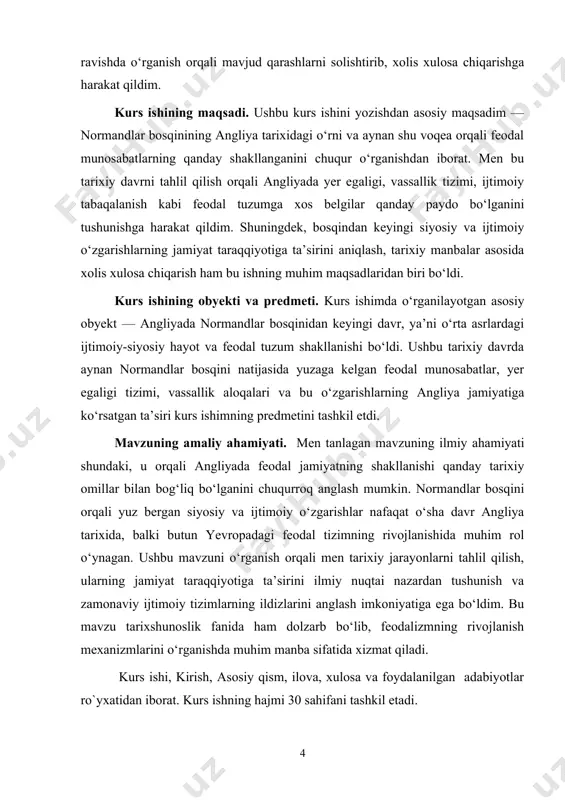 mahalliy anglo-saks feodali-uesseks gertsogi garoldni qirol etib saylashdi. lekin vilgelm ‘’eduard vasiyati’’ni pesh qilib, taxtni zo’rlik bilan olishga qaror qildi va 1066 yil sentabr oyida 15ming kishilik armiya bilan la-mansh bo’g’ozidan o’tib, inglizlar yerini janubiy qismini egalladi. inglizlar va normannlar o’rtasidagi hal qiluvchi jang 1066 yil 14 oktabrda gastings yaqinidagi senlak degan joyda bo’lib,bunda nisbatan yaxshi qurollangan normannlar g’alaba qozondilar, qirol garold jangda halok bo’ladi. vilgelm boshliq normandiya gertsogligi g’alaba qozonadi. normandiya gertsogi vilgelm 1066 yil 25 dekabrda londonga kiradi,vilgelm i (inglizcha uilyam i)’’fotih’’(istilochi) laqabi bilan angliya taxtiga o’tiradi va 1066-1087 yillarda boshqaradi. normannlarga qarshi eng yirik qo’zg’olonlar1068 yilda mersiya va nortumbriyada bo’ladi. bu qo’zg’olonlarga daniya qiroli yordam berishiga qaramay vilgelm qo’zg’olonni bostiradi va qo’zg’olonchilardan qattiq o’ch oladi. ancha obod bo’lgan york va durgam vodiylari normannlar tomonidan vayron qilindi. normannlar bosqinchiligi angliyada yirik yer egalarini feodal tabaqani yangiladi, ya’ni anglo-saks feodallarining deyarli barcha mulklari tortib olindi va kelgindi normann va …