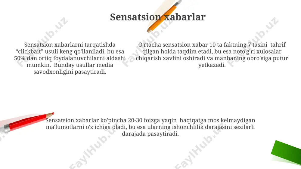 vizual axborotning ishonchliligini pasaytiradi. vizual axborotni tahlil qilishda, rasmning 30% dan ortiq qismi matn bilan to'ldirilgan bo'lsa, uning ishonchliligi shubha ostiga olinadi, chunki bu o'quvchining e'tiborini chalg'itadi va asosiy ma'lumotlarni anglashni qiyinlashtiradi. oav savodxonligini oshirish usullari video va audio materiallarning asl nusxasini topishga harakat qilish, ularning tahrirlangan yoki soxtalashtirilgan versiyalarini aniqlashda muhim rol o‘ynaydi va haqiqatga yaqinlashishga yordam beradi. oav axborotining ishonchliligi darajasini aniqlash uchun kamida 3 ta mustaqil manbadan ma’lumot tekshirish va ular orasidagi farqlarni tahlil qilish muhim. oav axborotining ishonchliligi darajasini aniqlash uchun kamida 3 ta mustaqil manbadan ma’lumot tekshirish va ular orasidagi farqlarni tahlil qilish muhim. oav savodxonligi nima? oav savodxonligi, turli manbalar (2 ta yoki undan ortiq)dan olingan ma’lumotlarni solishtirish va ularning haqiqiyligi boʻyicha xulosalar chiqarish qobiliyatini rivojlantiradi. oav savodxonligi, ma’lumotlarning 70% dan ortig’ini tanqidiy tahlil qilish va ishonchlilik darajasini aniqlash koʻnikmalarini oʻz ichiga oladi. oav savodxonligi, dezinformatsiya va manipulyatsiyaning 5 ta asosiy usulini aniqlash va …