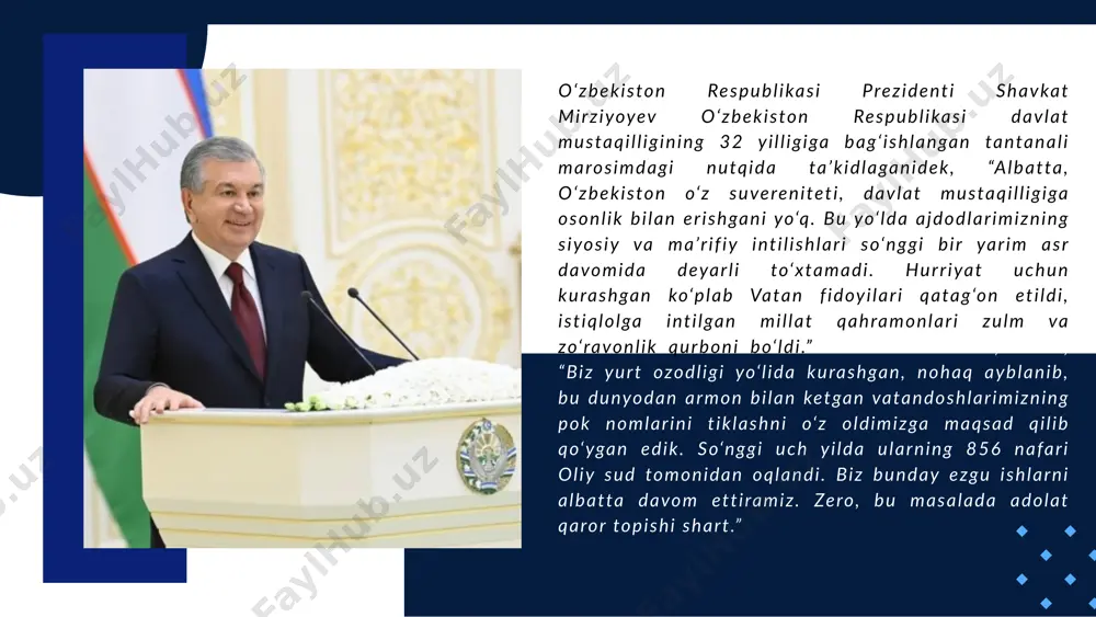 ng otishga mahkum bo’lganlar nomi oqlanganlar 1090 nafardan ziyod 13 ming 1937-1953 yillarda o‘zbekistonda 100 ming odam qatag‘onga uchragani, ularning 13 ming nafari otib tashlangani yana bir bor yodga olindi. afsuski, tazyiqlar bu bilan cheklanib qolmagan. jadid bobolarimiz hayotini o‘rganish, nohaq qatag‘onga uchragan insonlar xotirasini abadiylashtirish bo‘yicha xayrli ishlar qilinayotgani ta’kidlandi. - bu borada adolatni tiklash bo‘yicha ko‘p ishlar qilyapmiz. tarixchi olimlar ishtirokida komissiyalar tuzildi, arxiv hujjatlari o‘rganilayapti. oxirgi ikki yilda o‘zbekiston oliy sudi 850 nafardan ziyod, bu yil 240 nafar ana shunday jabrdiyda vatandoshlarimizning nomini oqladi. bunday izlanishlarni hech qachon to‘xtatmasligimiz kerak. negaki haqiqatni xalqimiz bilishi kerak, - dedi shavkat mirziyoev. bu davrga oid tarix yangi topilayotgan hujjatlar va ashyolar bilan boyib bormoqda. qoraqalpog‘iston respublikasi, viloyatlar va toshkent shahri bo‘yicha “xotira” kitoblari tayyorlandi. ularga 40 mingga yaqin vatandoshimiz to‘g‘risidagi ma’lumotlar kiritildi. bu to‘plamlar yaqin vaqt ichida chop etiladi. qatag‘on qurbonlari xotirasini abadiylashtirish bo’yicha olib borilayotgan ishlar mahmudxo‘ja behbudiy, abdulla …