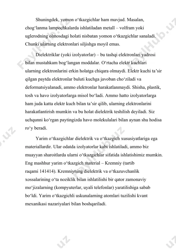 k kuchini nima tashiydi? modomiki, elektronlar metallarda erkin harakatlanar ekan, harakatlanayotgan elektronlar metallarda tok kuchi hosil qiladi. metall atomlardagi musbat yadrolar bir nuqtada turadi va ular tok kuchi hosil qilmaydi. elektronlar manfiy zaryadga ega boʻlishi va koʻplab elektr zanjirlarda deyarli barcha ishni qilishiga qaramasdan, biz hali ham musbat zaryadlar harakatlanadigan yoʻnalishda oqayotgan tok kuchini musbat deb olamiz. musbat zaryadlar ham tok kuchini tashiydimi? ha. bunga juda ham koʻp misollar bor. masalan, shoʻr suvda tok ham musbat, ham manfiy zaryadlar yordamida hosil qilinadi. agar biz odatiy osh tuzini suvga solsak, u juda ham yaxshi oʻtkazgichga aylanadi. osh tuzi – bu natriy xlorid, nacl. tuz suvda parchalanadi va na^++start superscript, plus, end superscript va cl^-−start superscript, minus, end superscript ionlariga ajraladi. ikkala ionga ham elektr maydon taʼsir qiladi va ular eritma boʻylab qarama-qarshi yoʻnalishda harakatlanadi. bunday holatda tok kuchi erkin elektronlar bilan emas, harakatlanayotgan atomlar, yaʼni musbat va manfiy ionlar yordamida hosil …